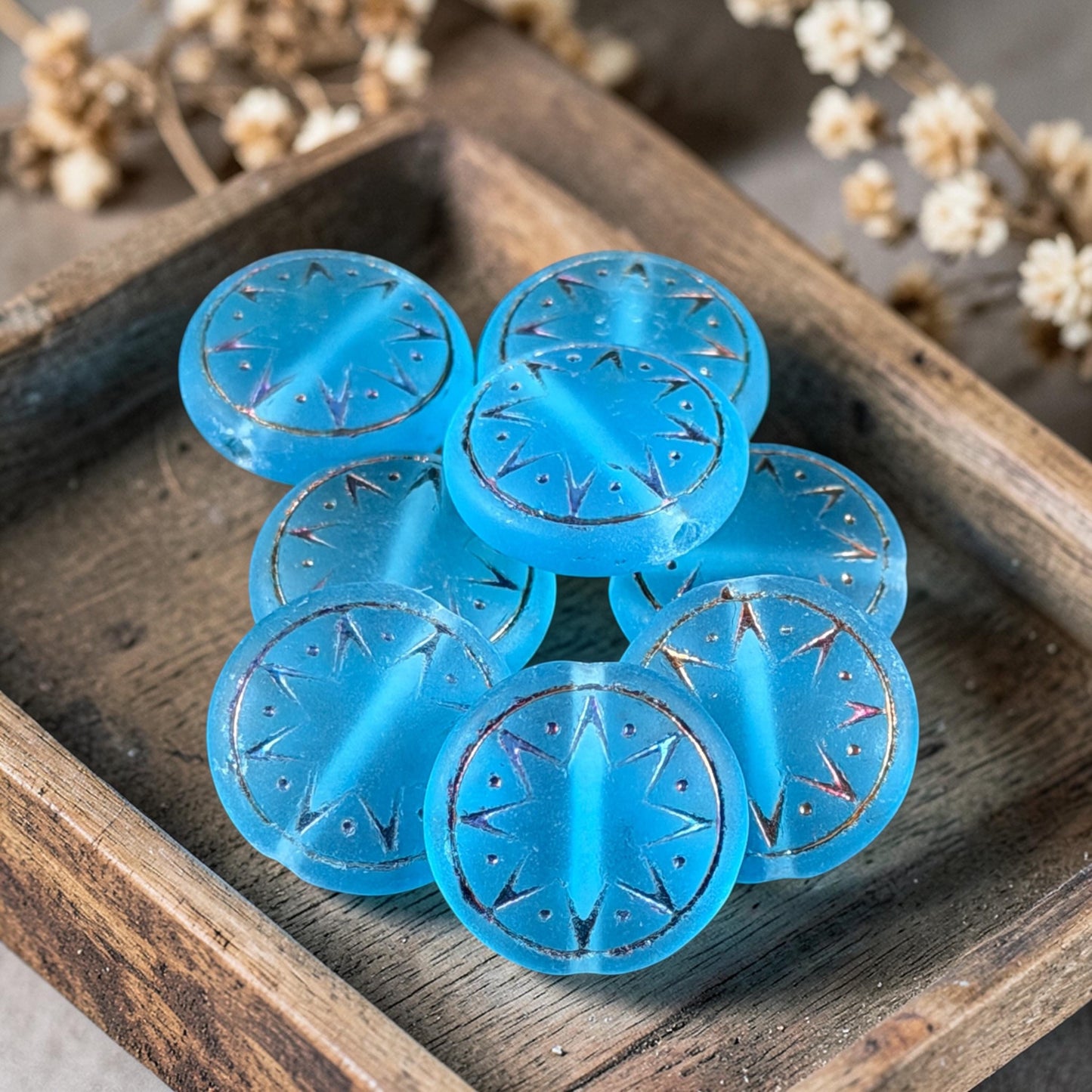 Czech Glass Beads - 14mm Star of Ishtar Coin, Matte Capri Blue with Sliperit Finish (PSOI-40) * Qty. 6