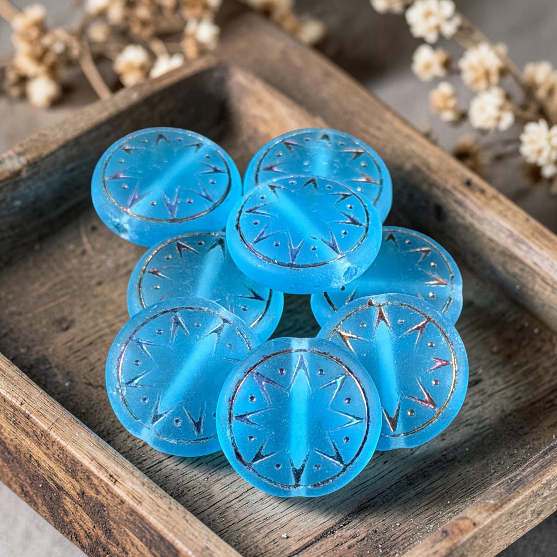 Czech Glass Beads - 14mm Star of Ishtar Coin, Matte Capri Blue with Sliperit Finish (PSOI-40) * Qty. 6