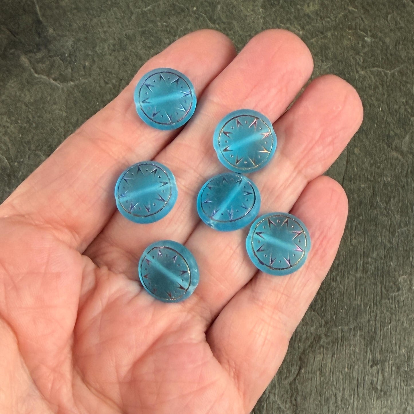 Czech Glass Beads - 14mm Star of Ishtar Coin, Matte Capri Blue with Sliperit Finish (PSOI-40) * Qty. 6