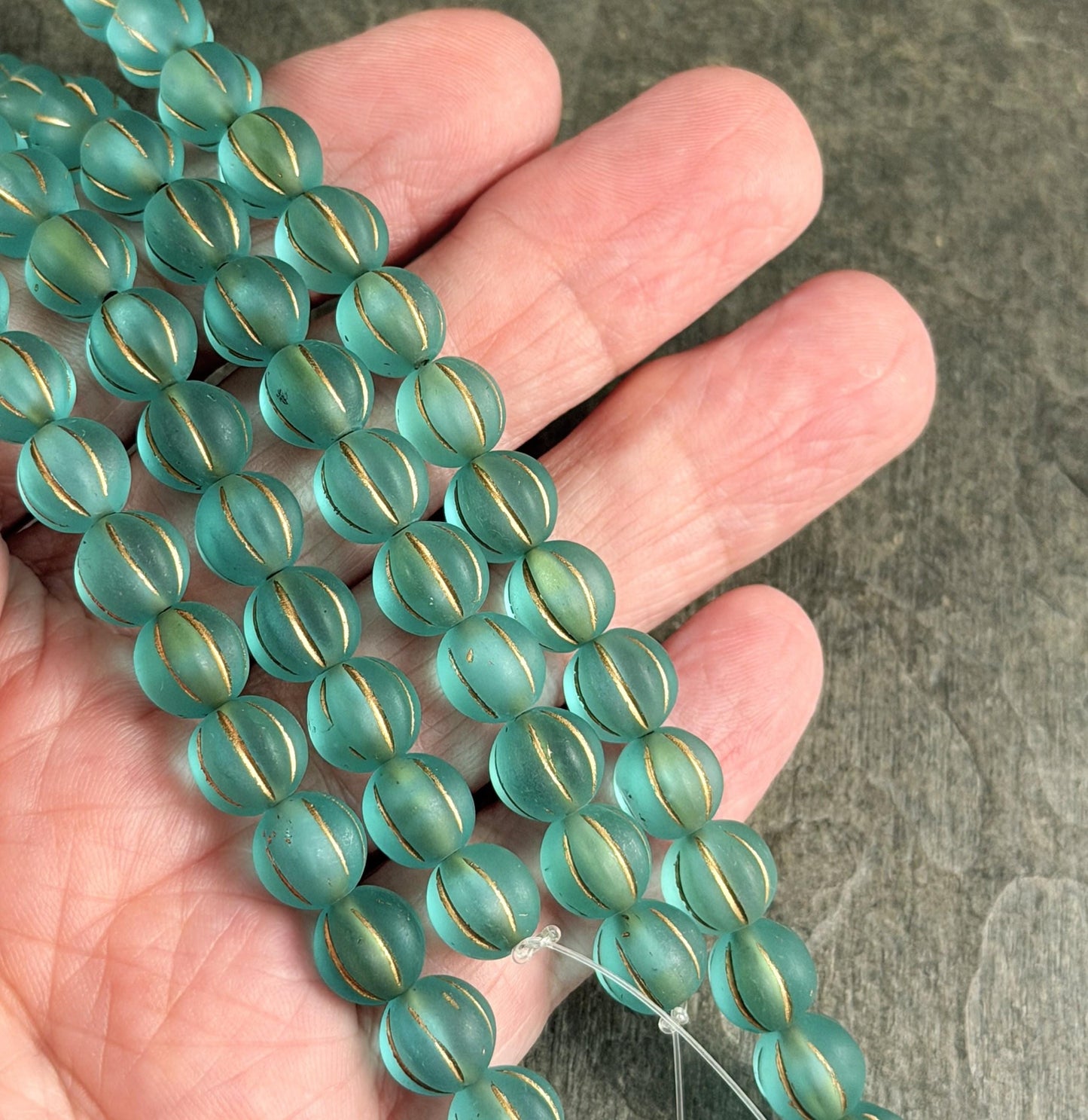 Czech Glass Beads - 8mm Melon, Matte Dark Aqua with Antiqued Gold Wash (ML8/AGm) * Qty. 16