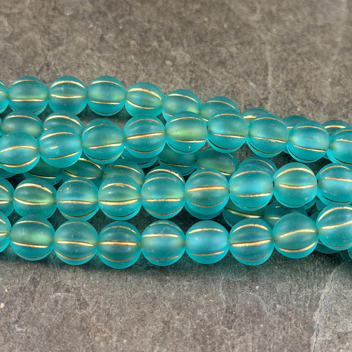 Czech Glass Beads - 8mm Melon, Matte Dark Aqua with Antiqued Gold Wash (ML8/AGm) * Qty. 16