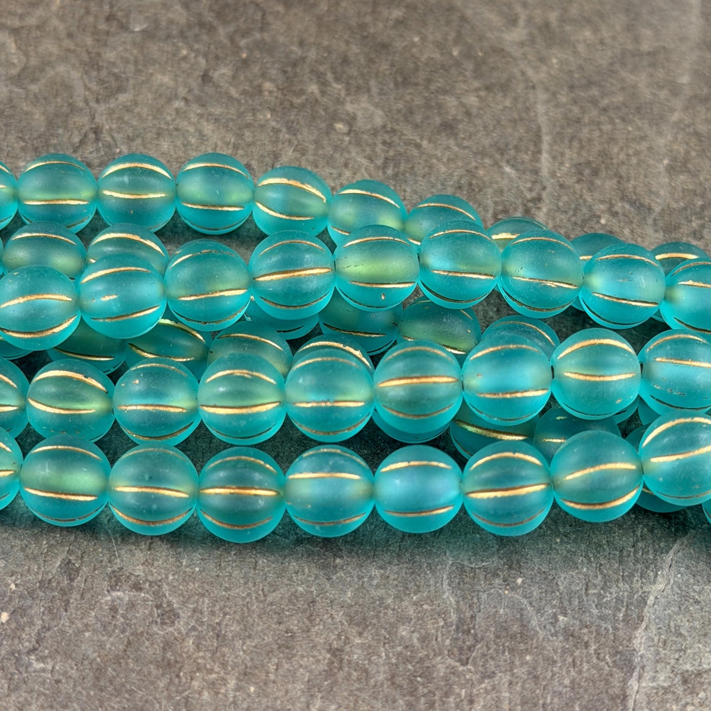 Czech Glass Beads - 8mm Melon, Matte Dark Aqua with Antiqued Gold Wash (ML8/AGm) * Qty. 16