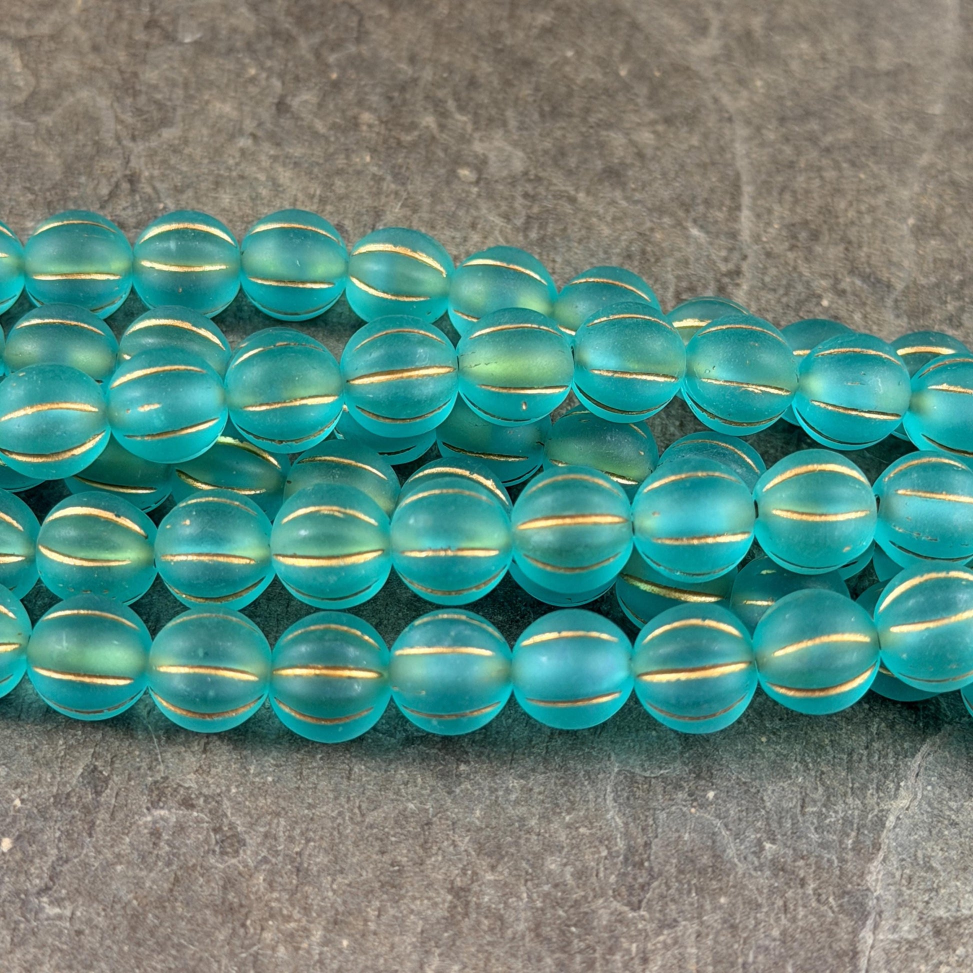 Czech Glass Beads - 8mm Melon, Matte Dark Aqua with Antiqued Gold Wash (ML8/AGm) * Qty. 16