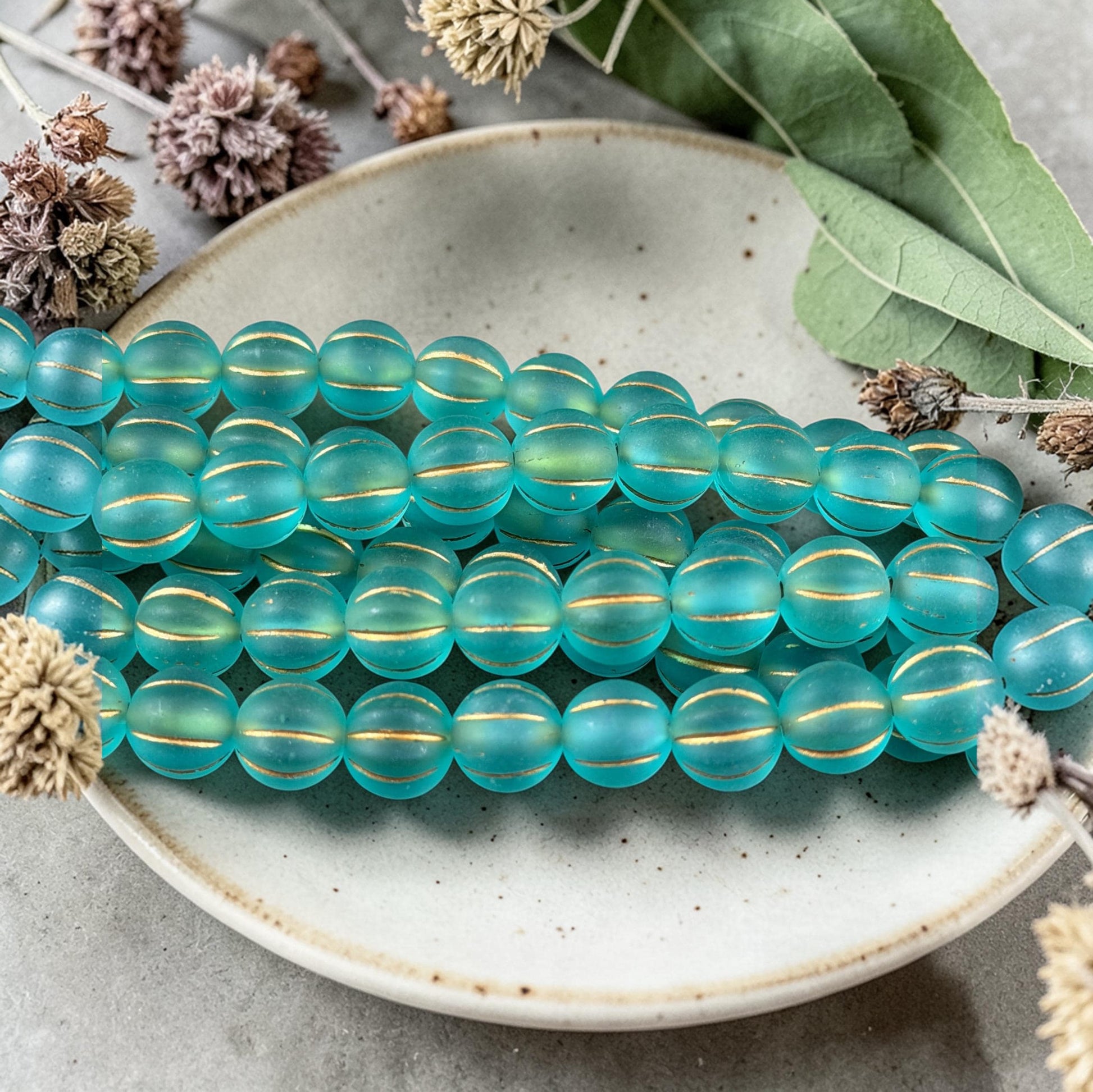 Czech Glass Beads - 8mm Melon, Matte Dark Aqua with Antiqued Gold Wash (ML8/AGm) * Qty. 16