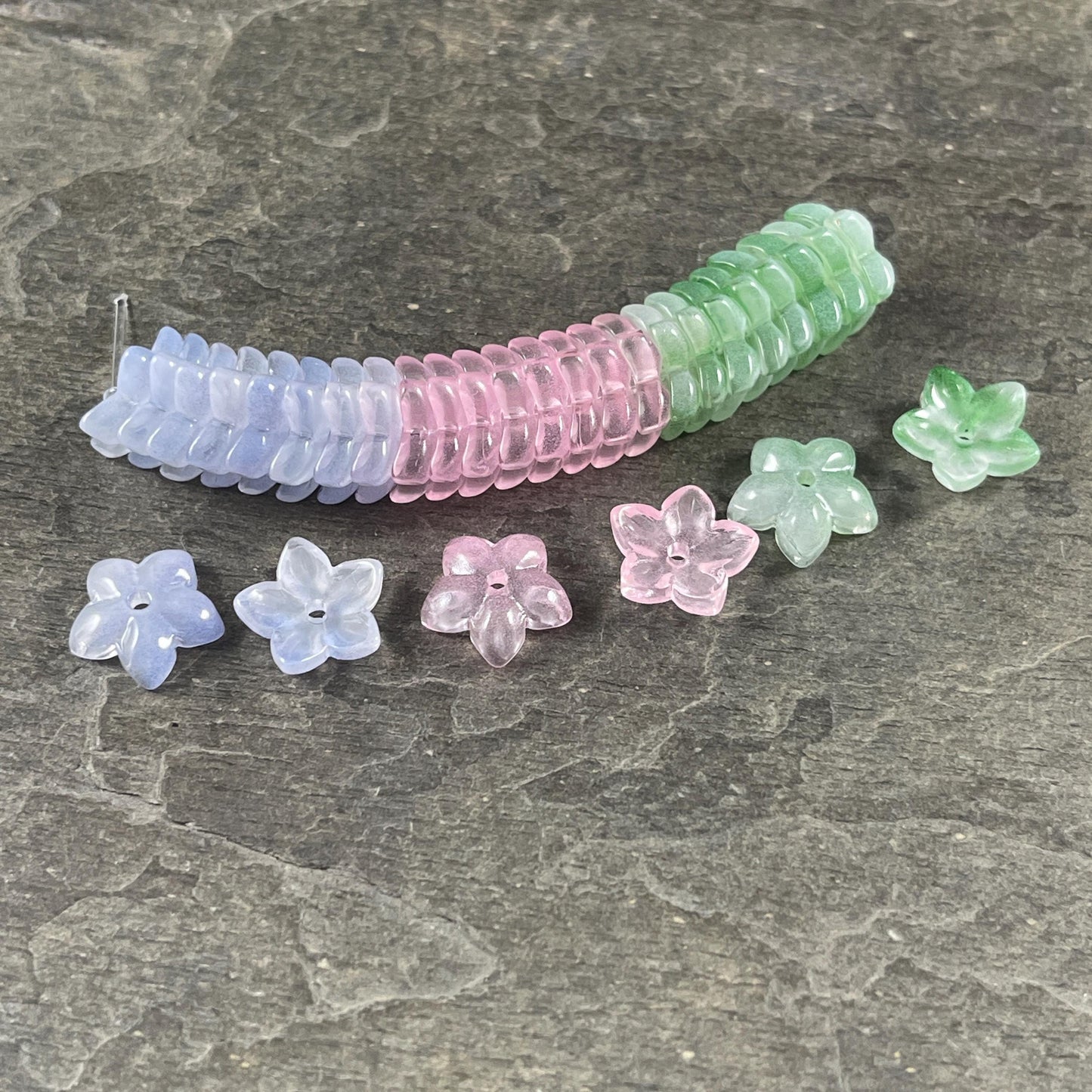 5-Petal Flower Bead Caps - 12mm, Blue, Pink and Green (FBC-4) * Qty. 24