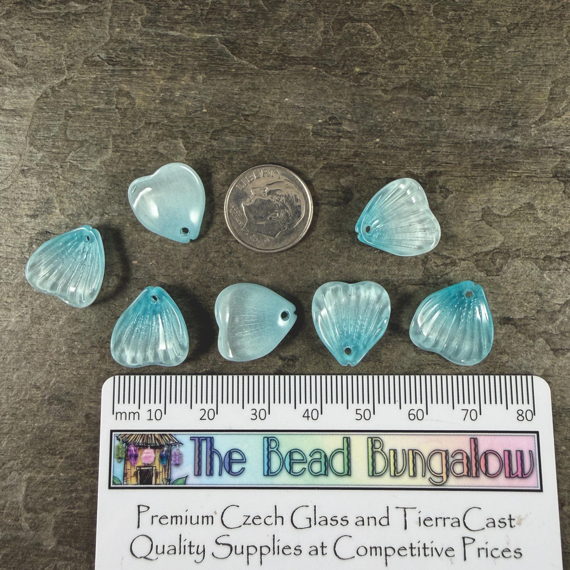 Glass Flower Petals, 16mm Petal Shaped Beads, Aqua Blue * 12 Beads