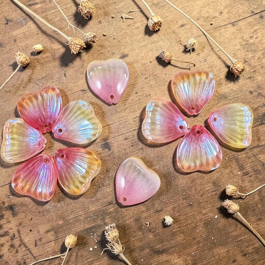 Glass Flower Petals, 16mm Petal Shaped Beads, Fuchia & Yellow * 12 Beads