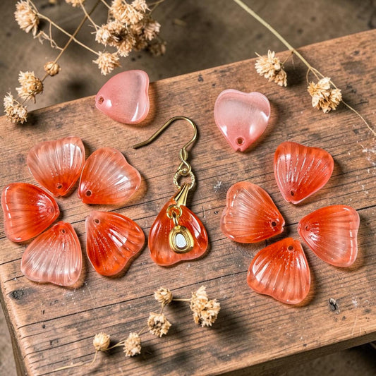 Glass Flower Petals, 16mm Petal Shaped Beads, Dark Orange, Coral * 12 Beads