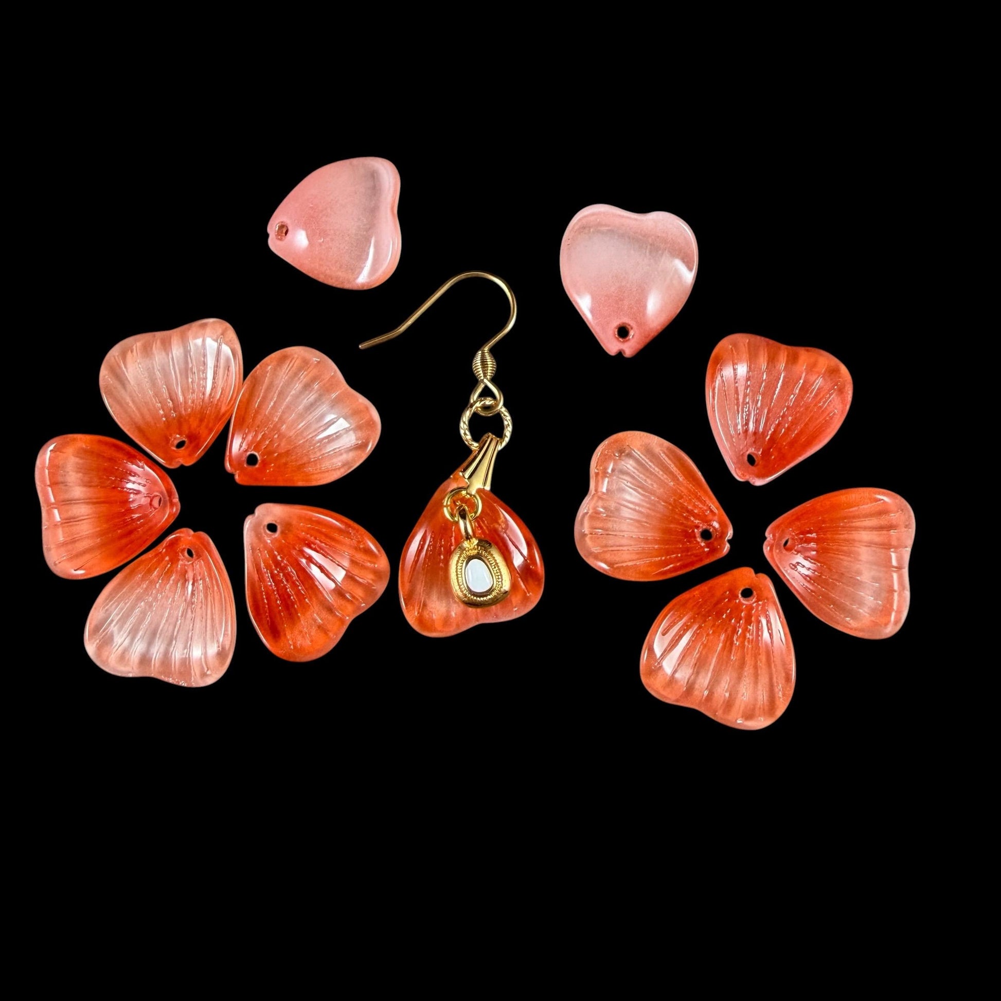 Glass Flower Petals, 16mm Petal Shaped Beads, Dark Orange, Coral * 12 Beads