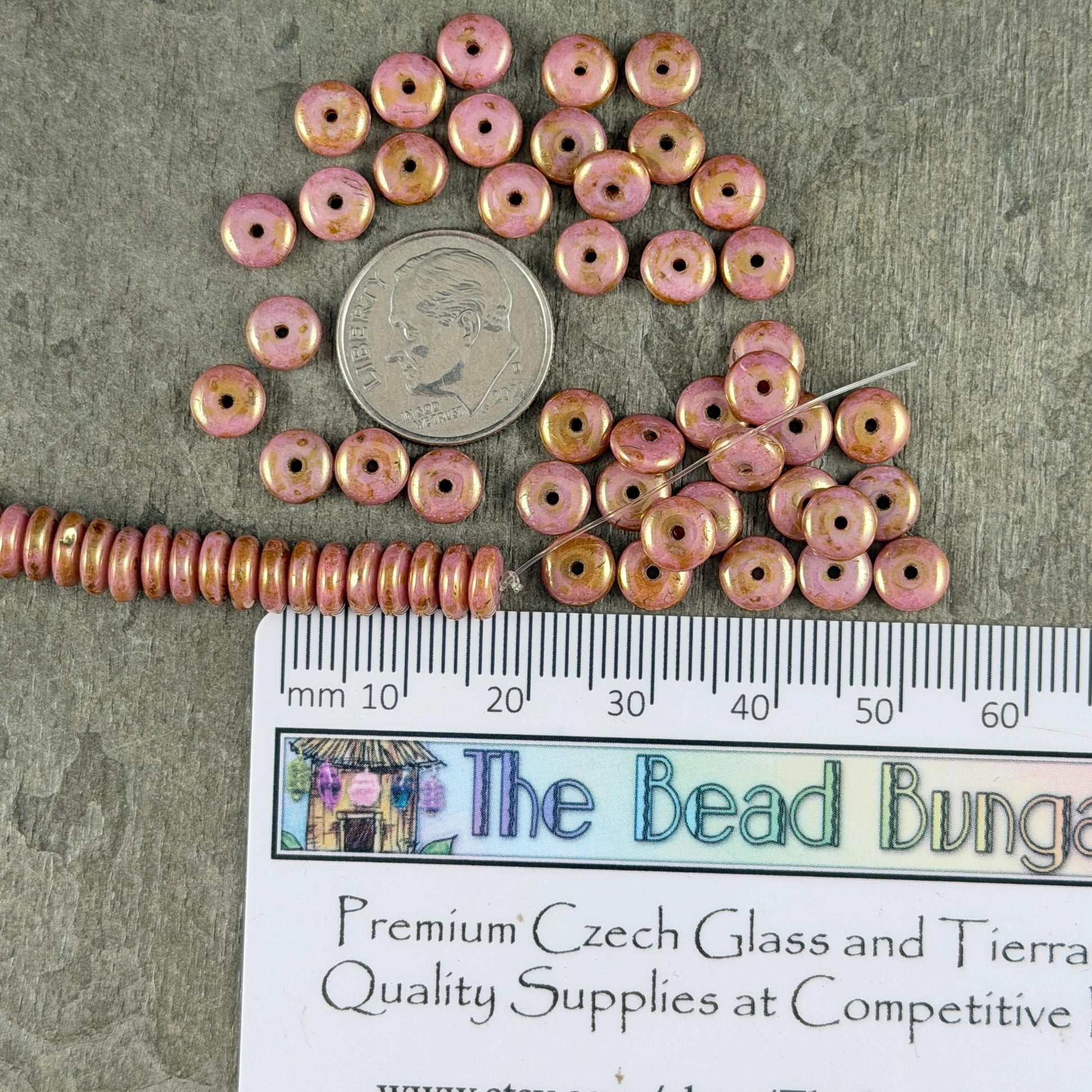 Czech Glass Beads - 6x2mm Heishi Rondelle, Pink and Rose Gold Luster (RD6/SM-P65491) * Qty. 50