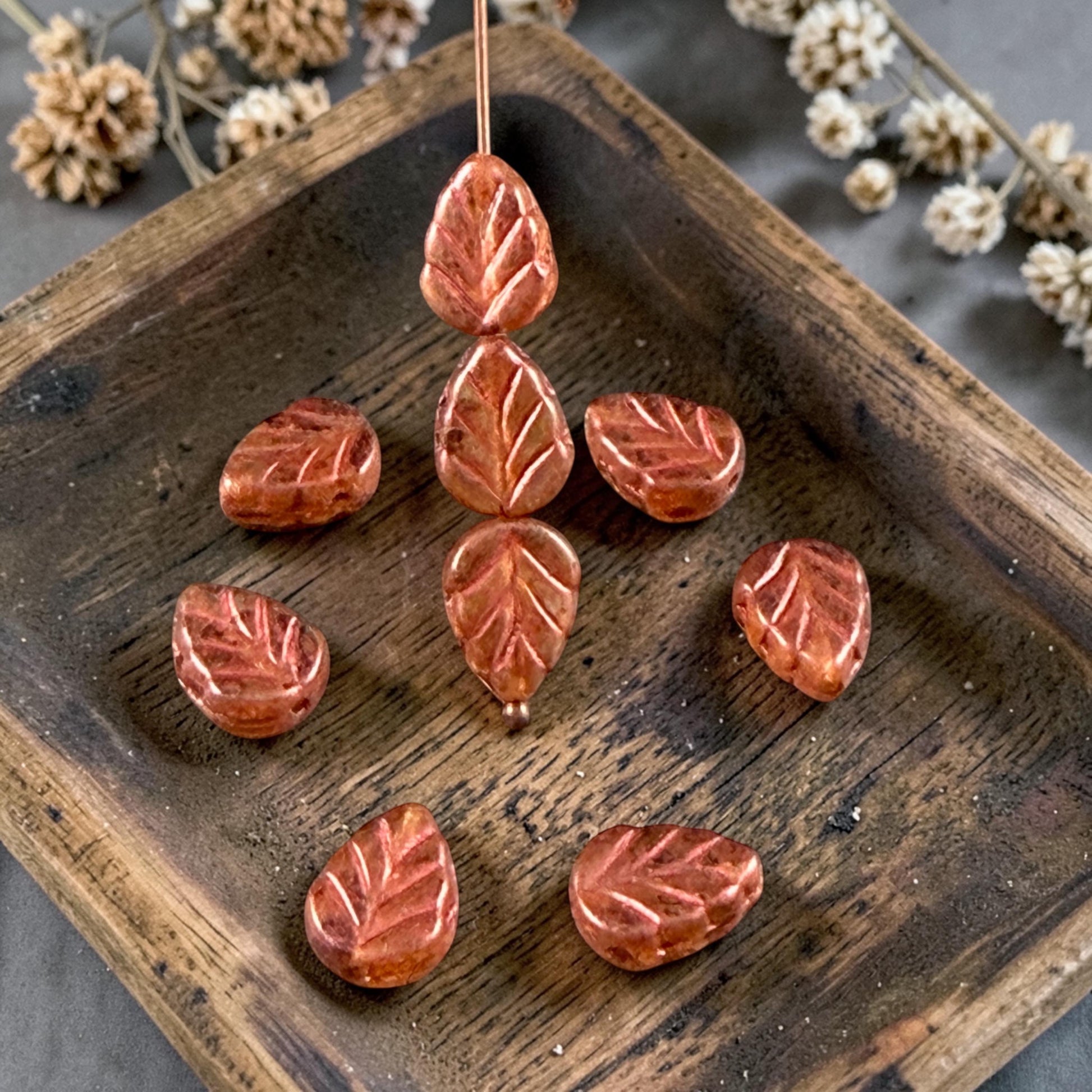 Czech Glass Beads - 10x8mm Mint Leaf, Topaz Picasso Leaf with Copper Wash (Mint29) * Qty. 16