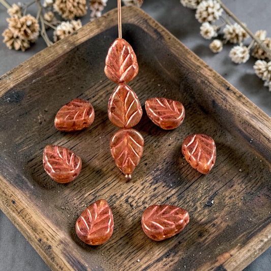 Czech Glass Beads - 10x8mm Mint Leaf, Topaz Picasso Leaf with Copper Wash (Mint29) * Qty. 16