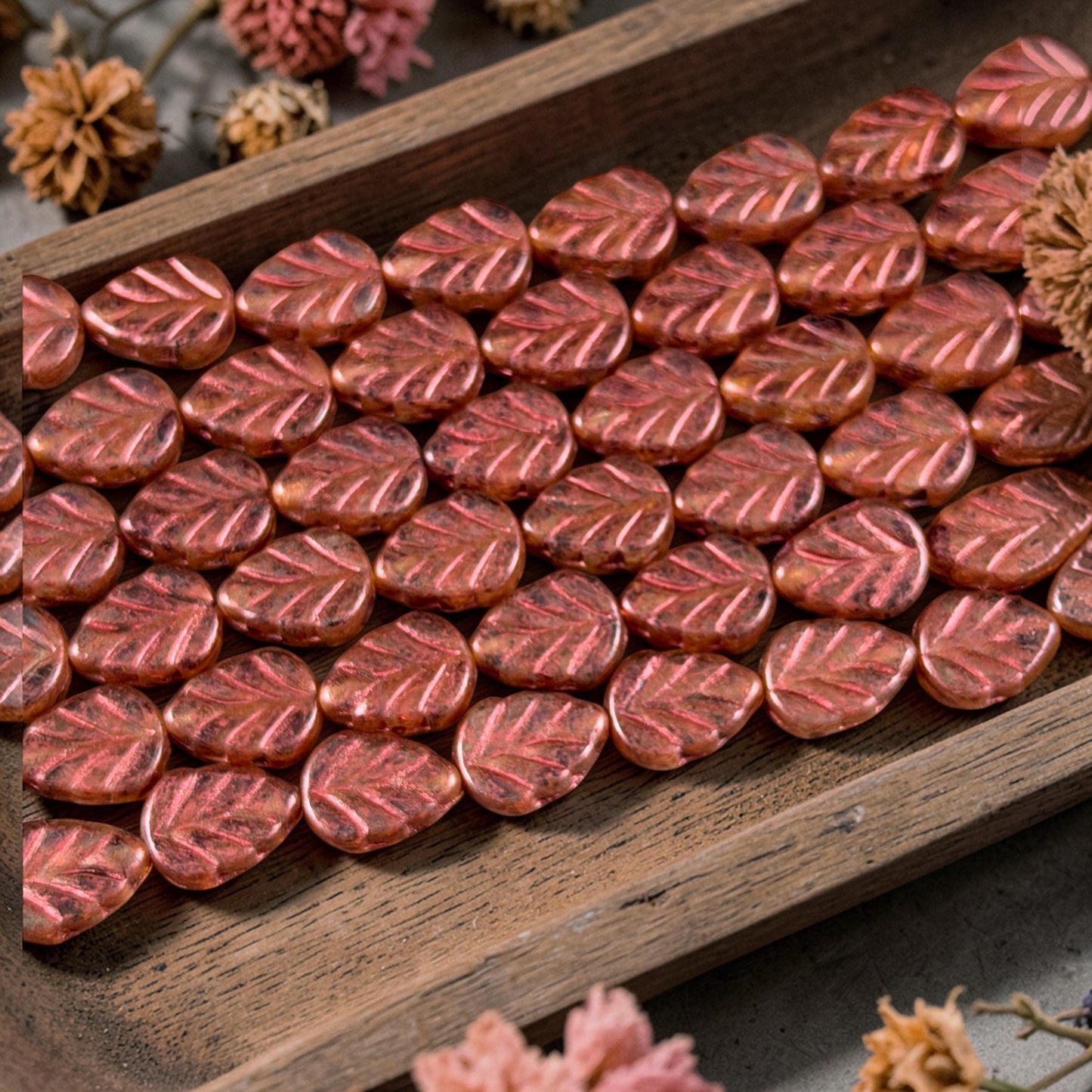 Czech Glass Beads - 10x8mm Mint Leaf, Topaz Picasso Leaf with Copper Wash (Mint29) * Qty. 16