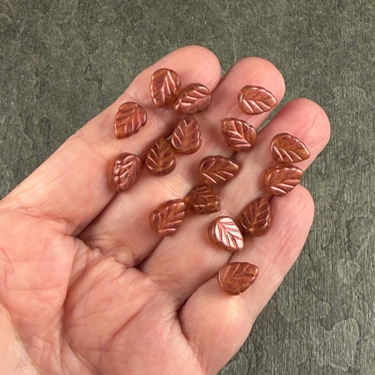 Czech Glass Beads - 10x8mm Mint Leaf, Topaz Picasso Leaf with Copper Wash (Mint29) * Qty. 16