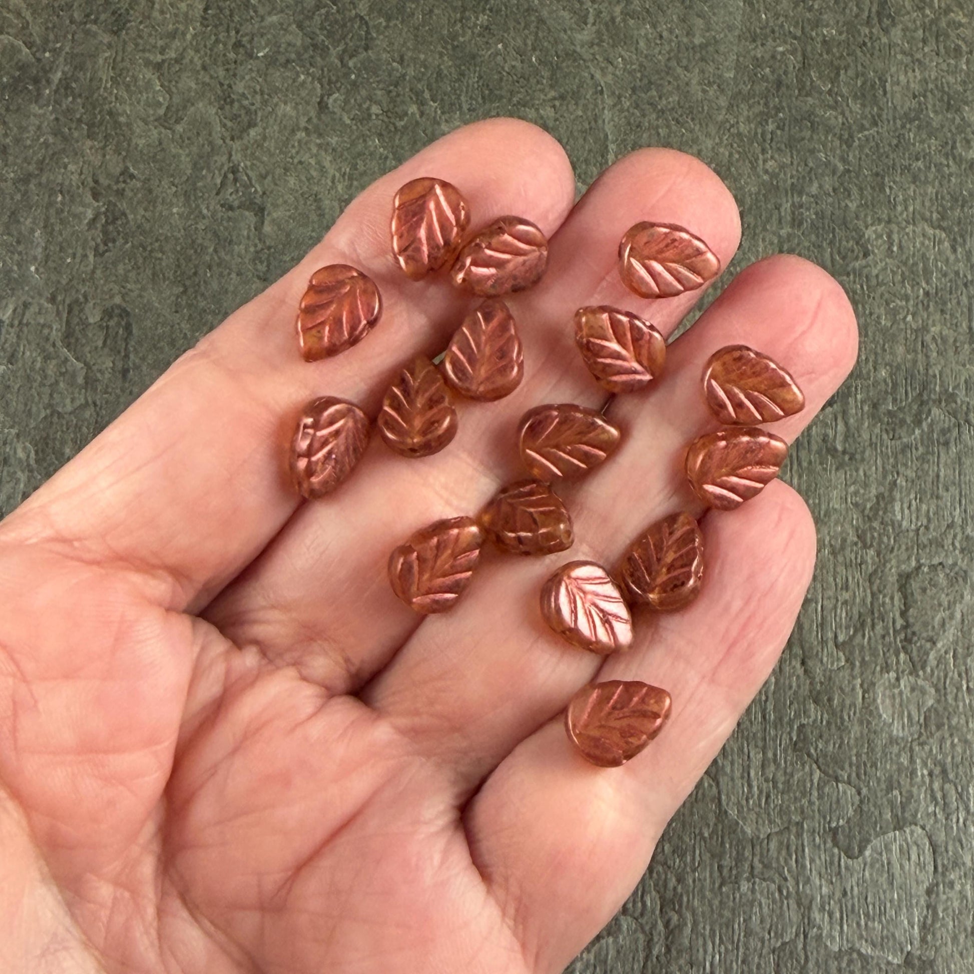 Czech Glass Beads - 10x8mm Mint Leaf, Topaz Picasso Leaf with Copper Wash (Mint29) * Qty. 16