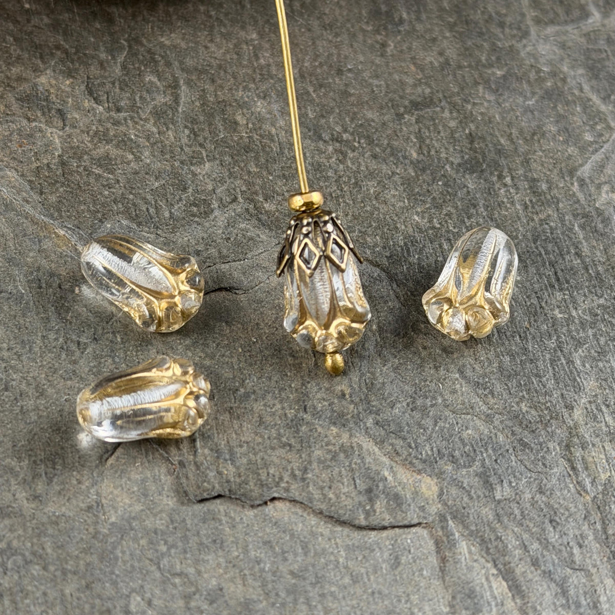 Czech Glass Flower Beads - 12x8mm Lily Bud, Clear Glass with Gold Wash (LBud32) * Qty. 12