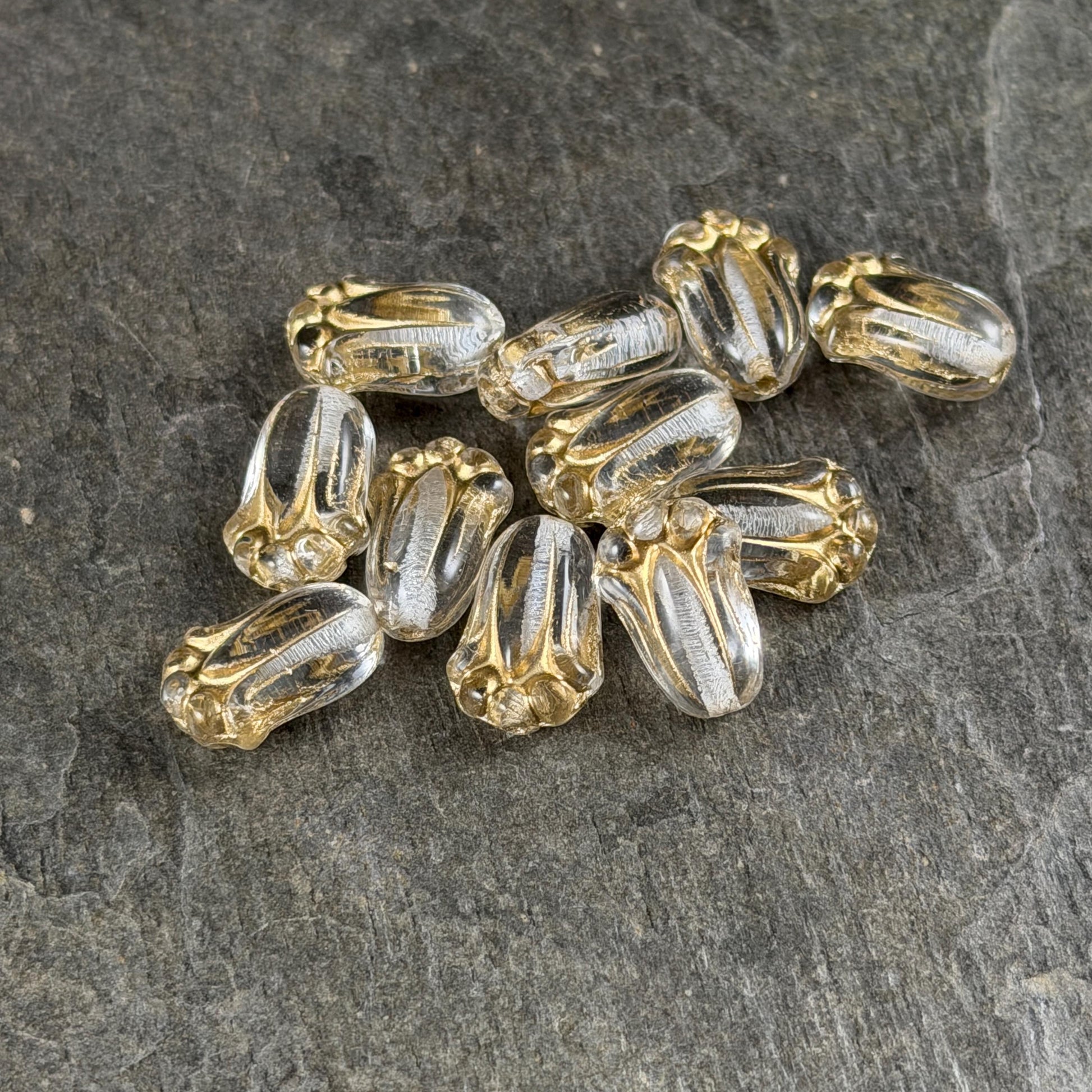 Czech Glass Flower Beads - 12x8mm Lily Bud, Clear Glass with Gold Wash (LBud32) * Qty. 12