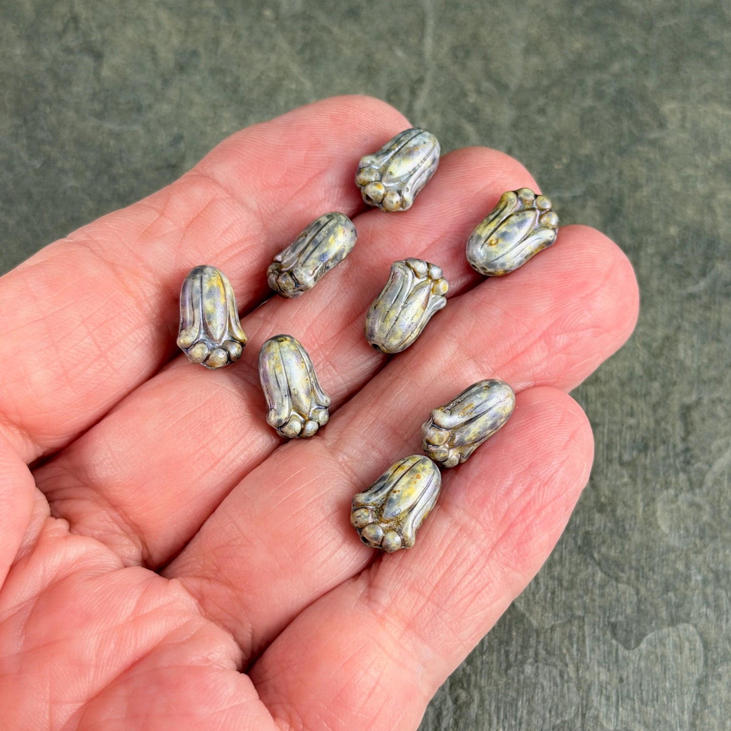 Czech Glass Flower Beads - 12x8mm Lily Bud, Alabaster with Indigo Picasso (LBud36) * Qty. 12