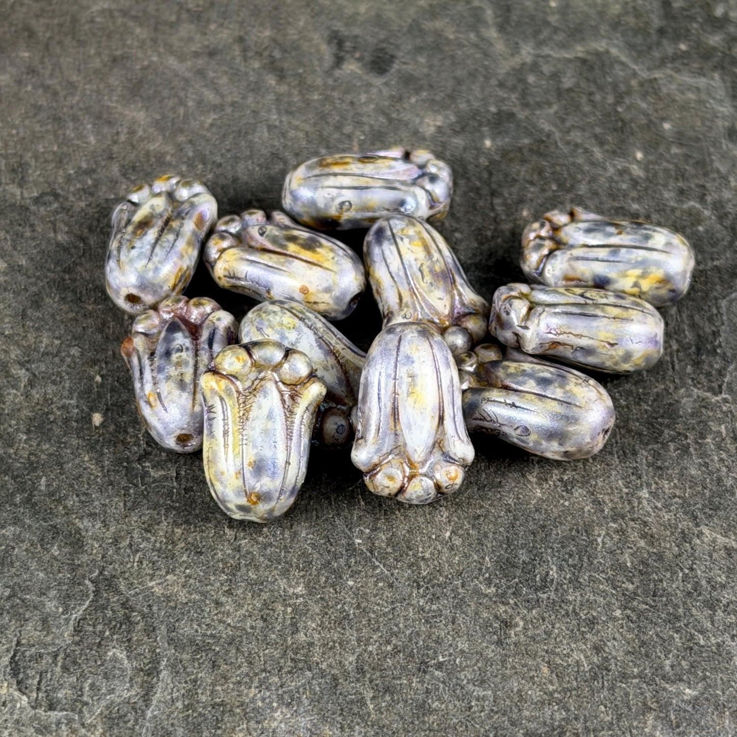 Czech Glass Flower Beads - 12x8mm Lily Bud, Alabaster with Indigo Picasso (LBud36) * Qty. 12