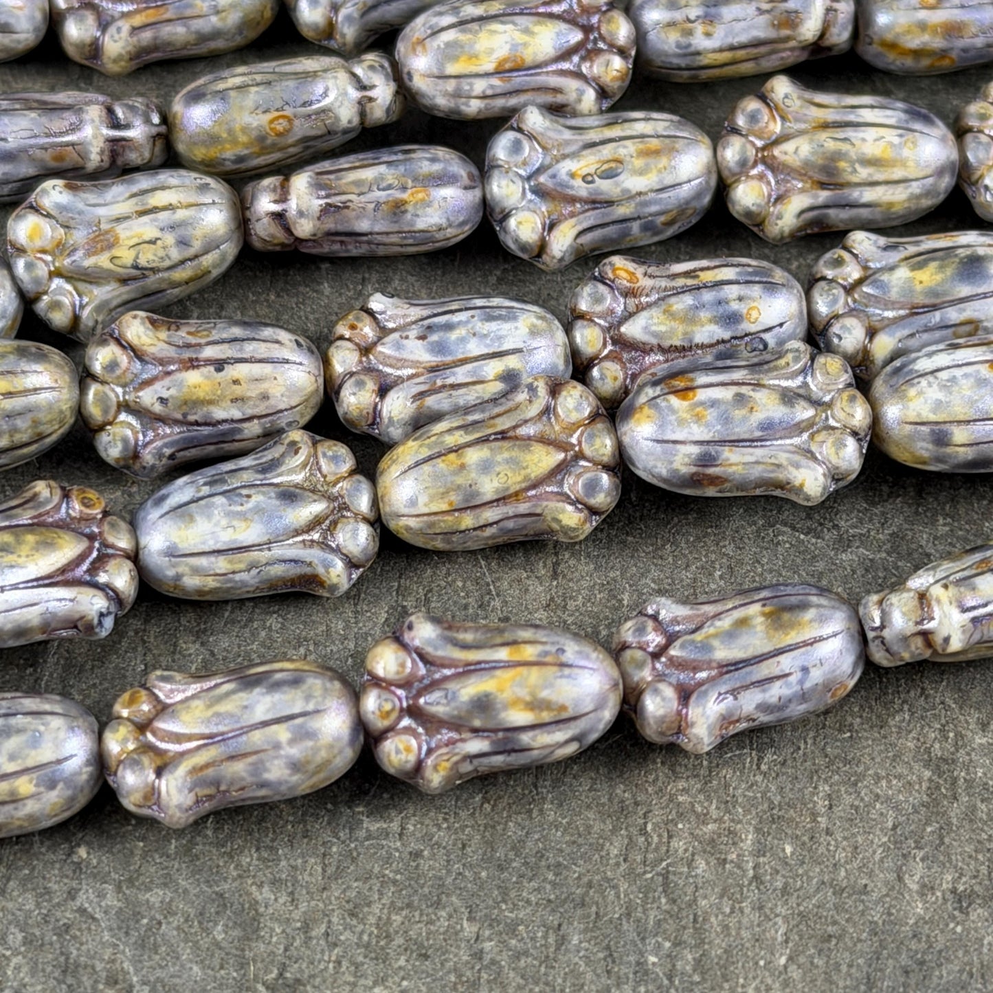 Czech Glass Flower Beads - 12x8mm Lily Bud, Alabaster with Indigo Picasso (LBud36) * Qty. 12