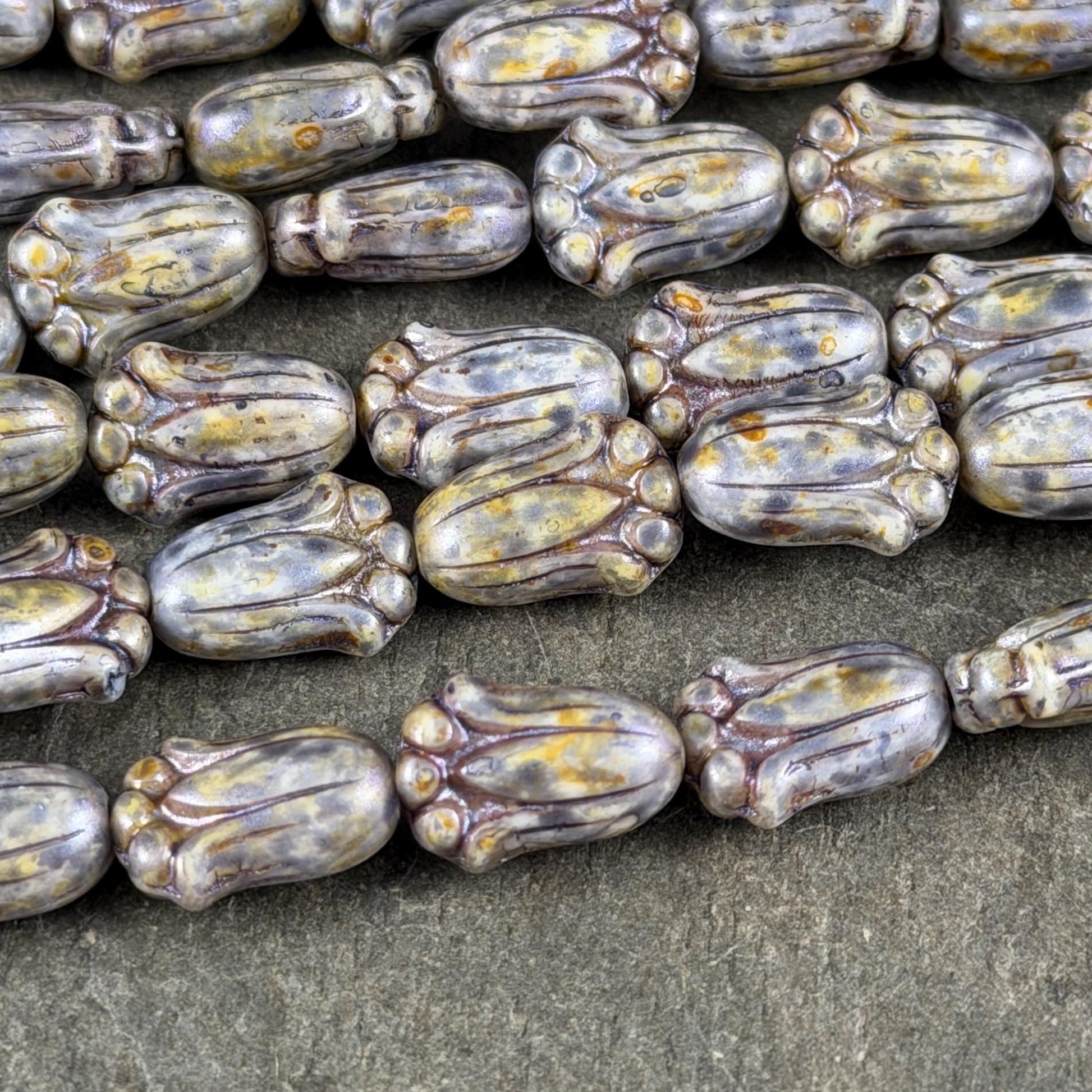 Czech Glass Flower Beads - 12x8mm Lily Bud, Alabaster with Indigo Picasso (LBud36) * Qty. 12