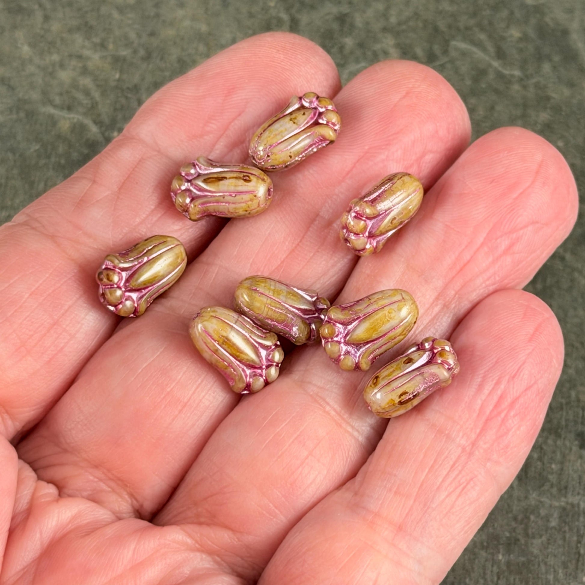 Czech Glass Flower Beads - 12x8mm Lily Bud, Toffee Picasso with Pink Wash (LBud27) * Qty. 12