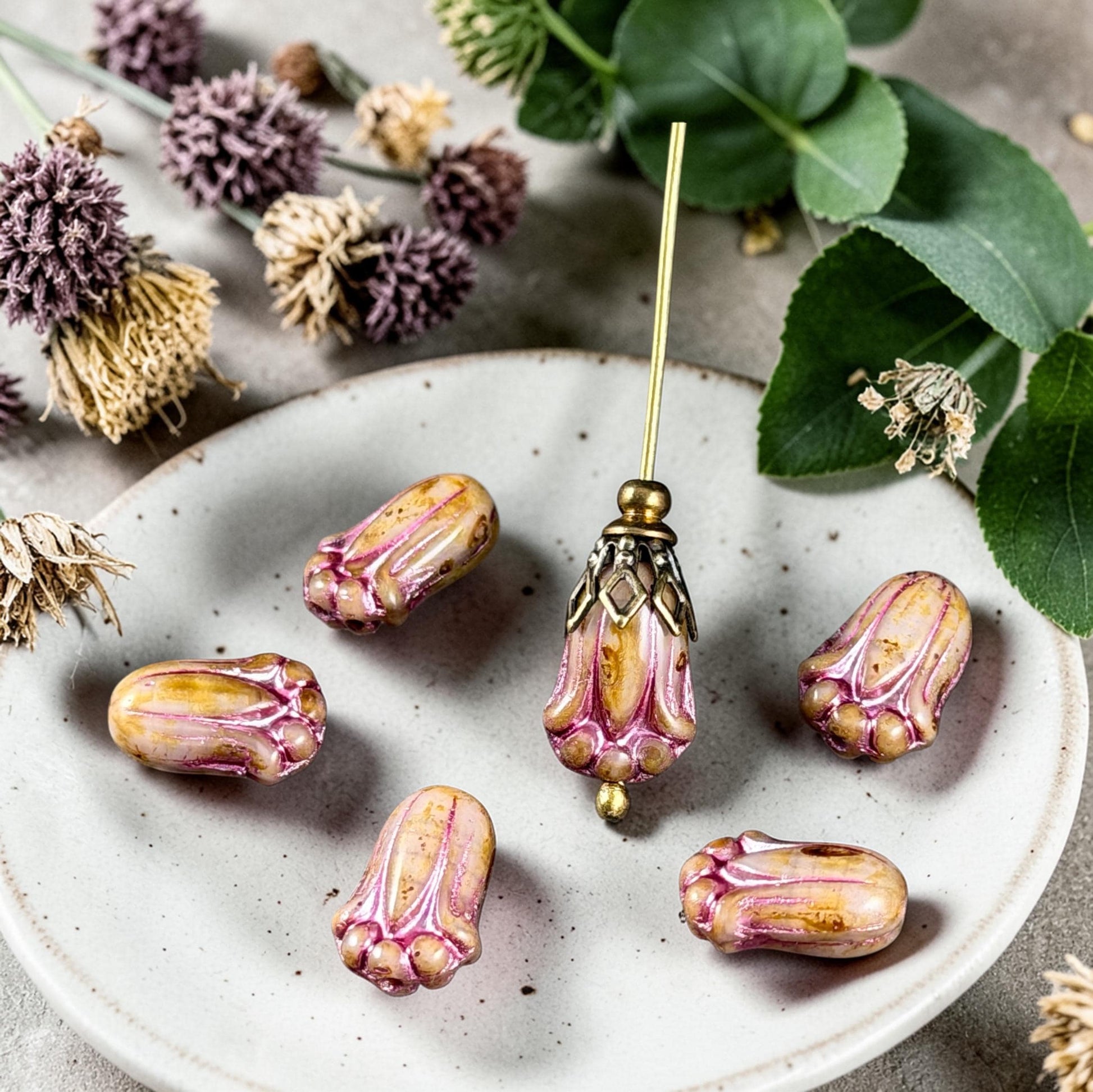 Czech Glass Flower Beads - 12x8mm Lily Bud, Toffee Picasso with Pink Wash (LBud27) * Qty. 12
