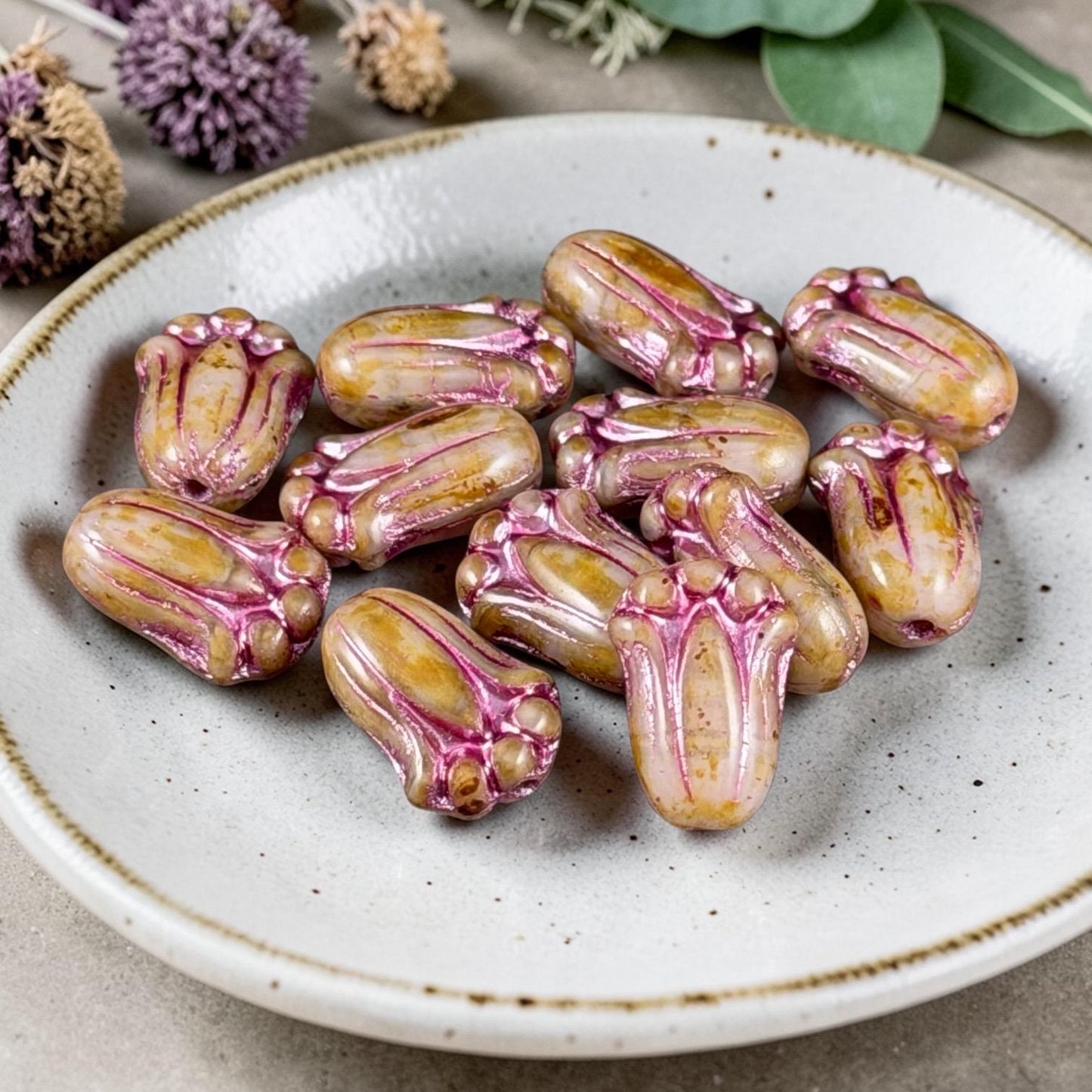 Czech Glass Flower Beads - 12x8mm Lily Bud, Toffee Picasso with Pink Wash (LBud27) * Qty. 12