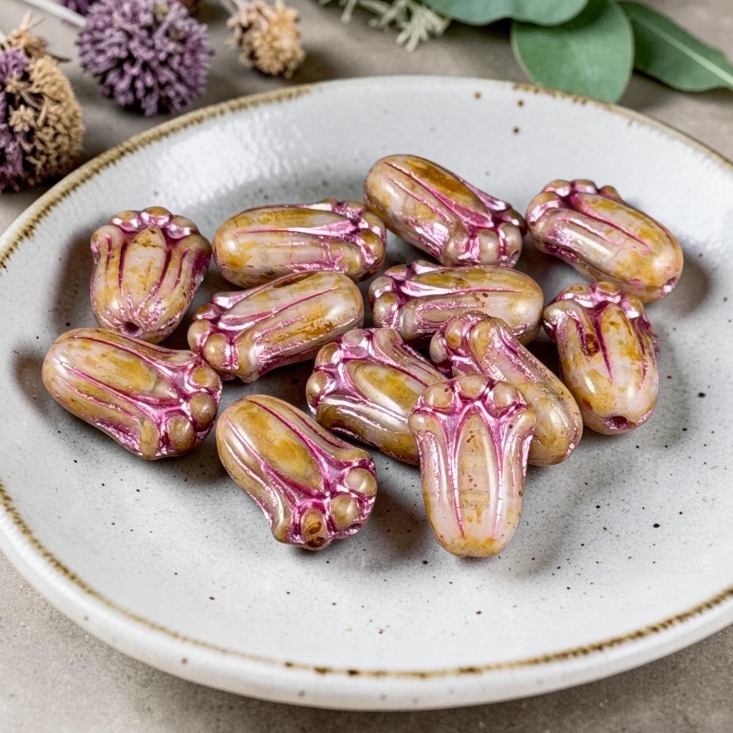 Czech Glass Flower Beads - 12x8mm Lily Bud, Toffee Picasso with Pink Wash (LBud27) * Qty. 12