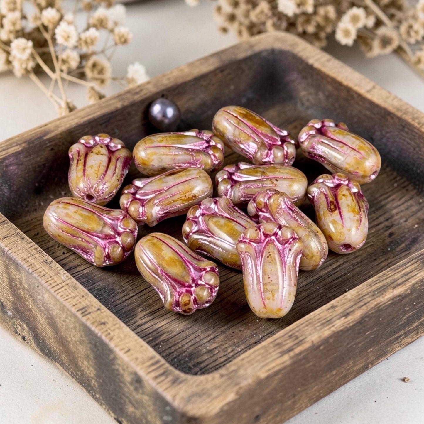Czech Glass Flower Beads - 12x8mm Lily Bud, Toffee Picasso with Pink Wash (LBud27) * Qty. 12