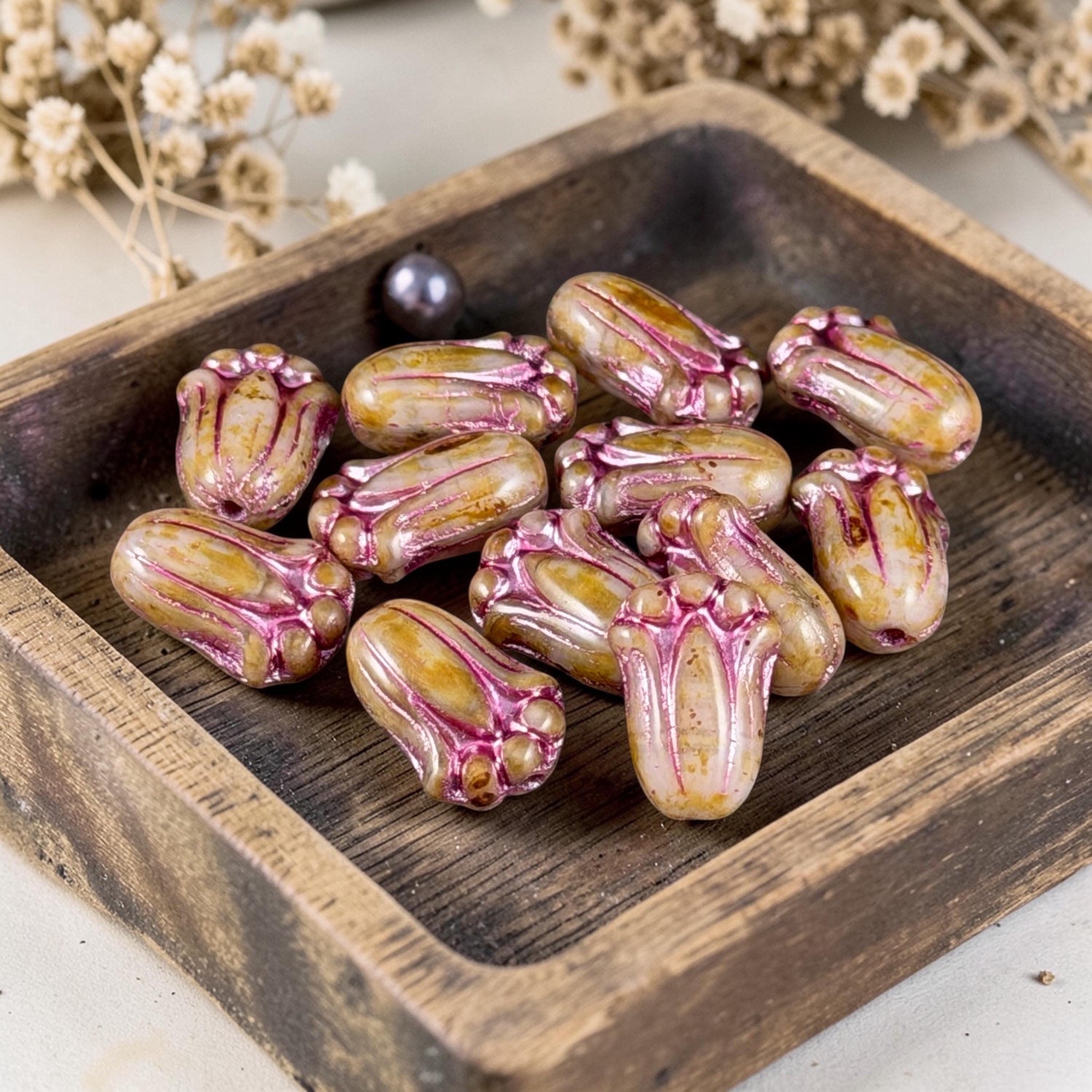 Czech Glass Flower Beads - 12x8mm Lily Bud, Toffee Picasso with Pink Wash (LBud27) * Qty. 12