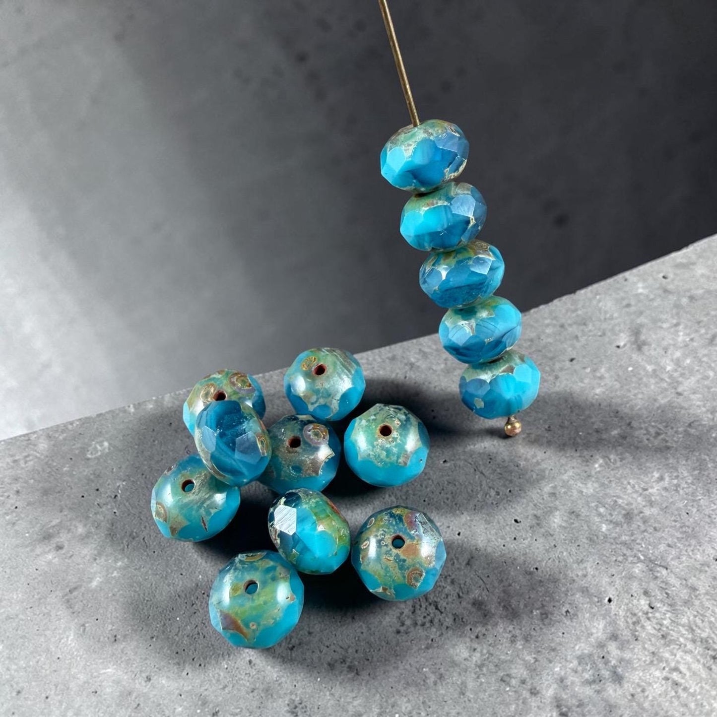 Czech Glass Beads - 8x6mm Faceted Rondelles, Turquoise and Capri Blue with Picasso Finish (R8/RJ-2743) * 25 Beads