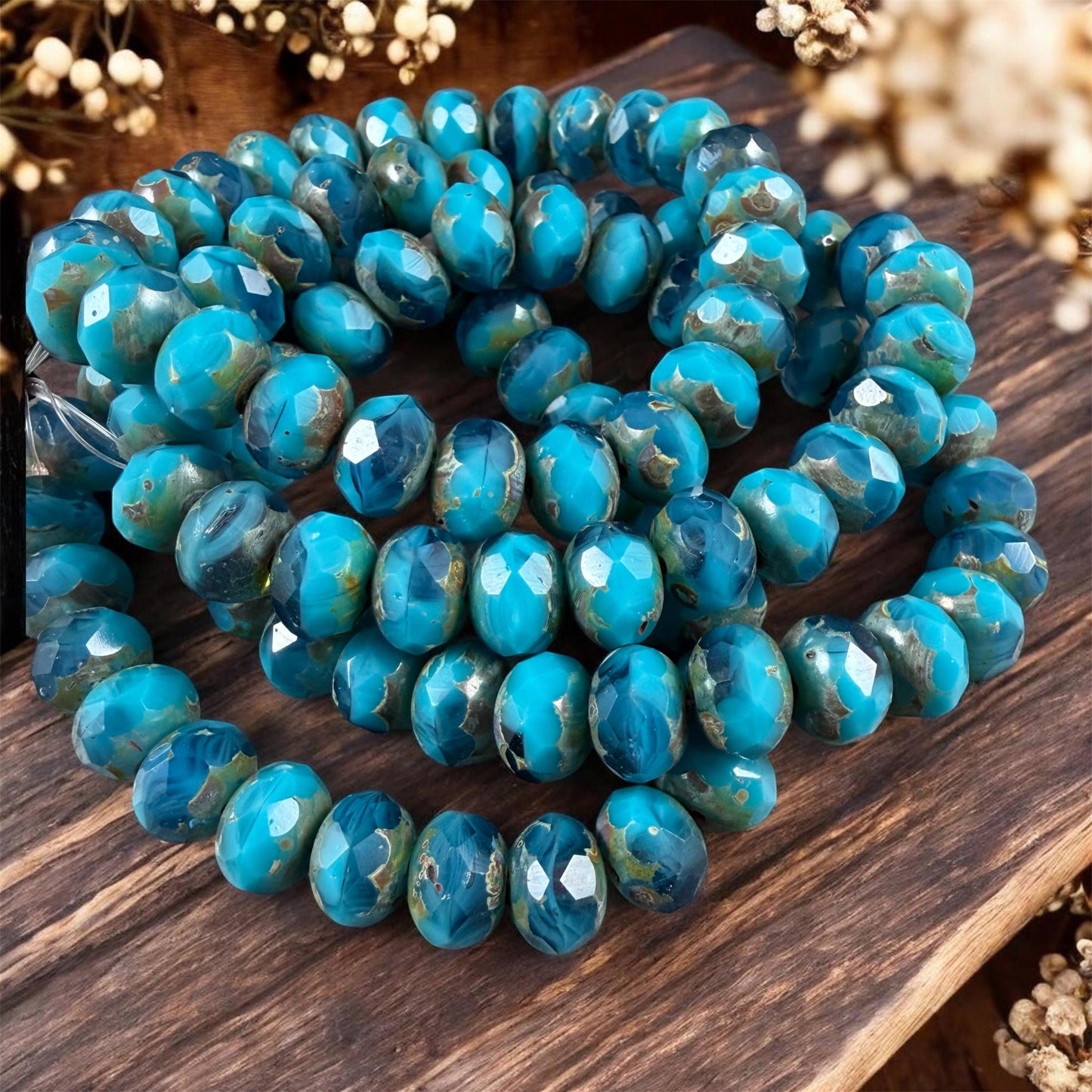 Czech Glass Beads - 8x6mm Faceted Rondelles, Turquoise and Capri Blue with Picasso Finish (R8/RJ-2743) * 25 Beads