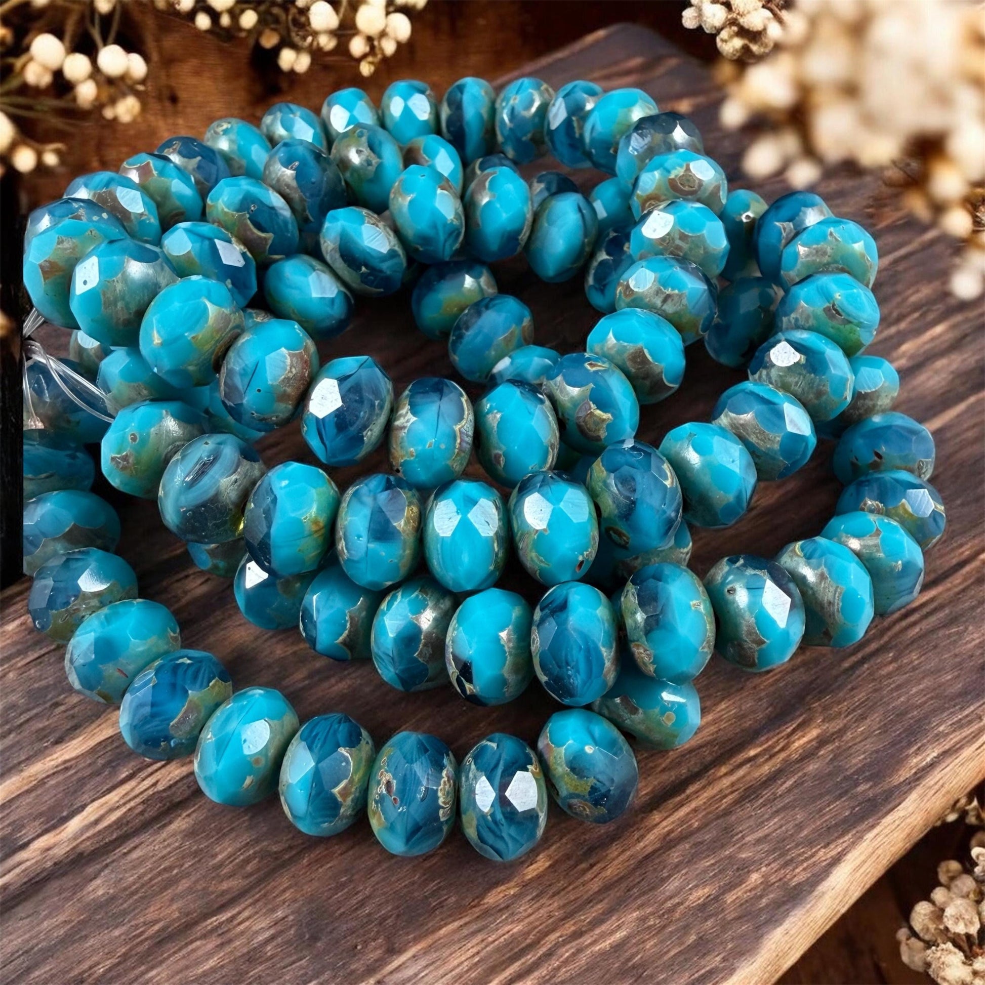 Czech Glass Beads - 8x6mm Faceted Rondelles, Turquoise and Capri Blue with Picasso Finish (R8/RJ-2743) * 25 Beads