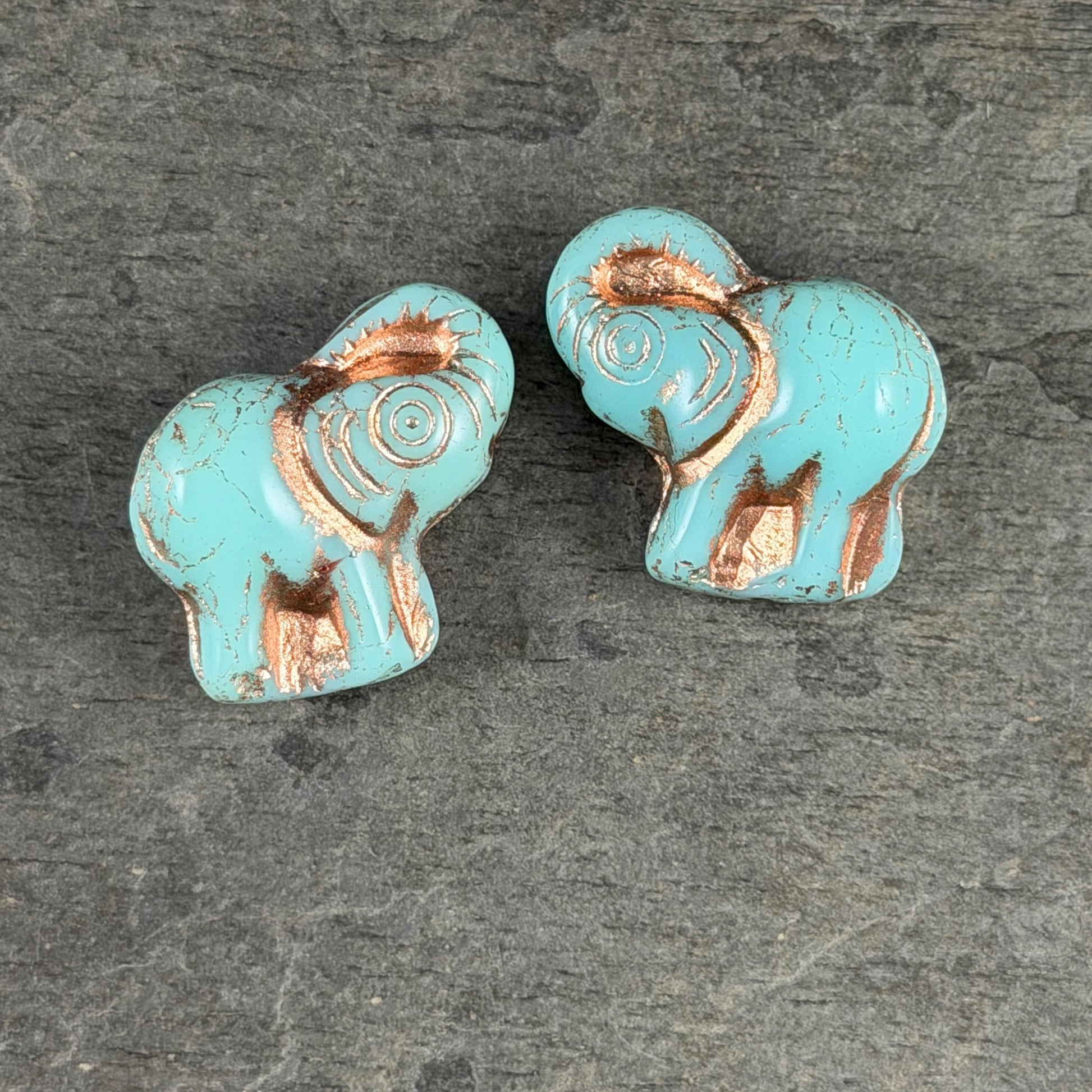 Czech Glass Beads - 20x23mm Elephant Bead, Mint Blue with Copper Wash (PackN1) * 3 Beads