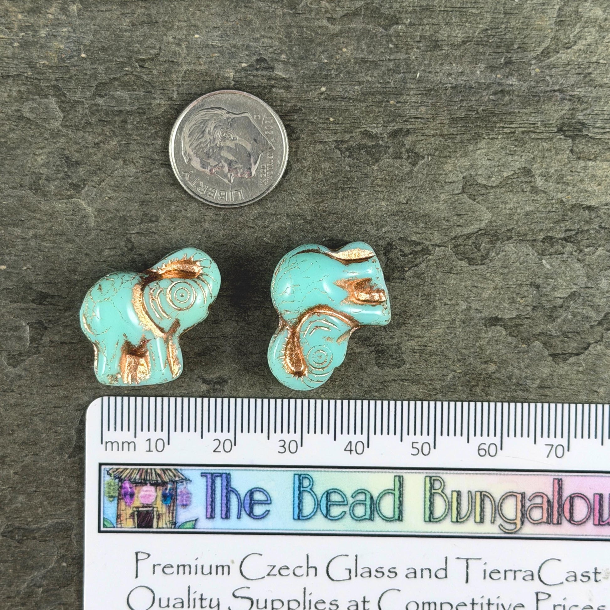 Czech Glass Beads - 20x23mm Elephant Bead, Mint Blue with Copper Wash (PackN1) * 3 Beads