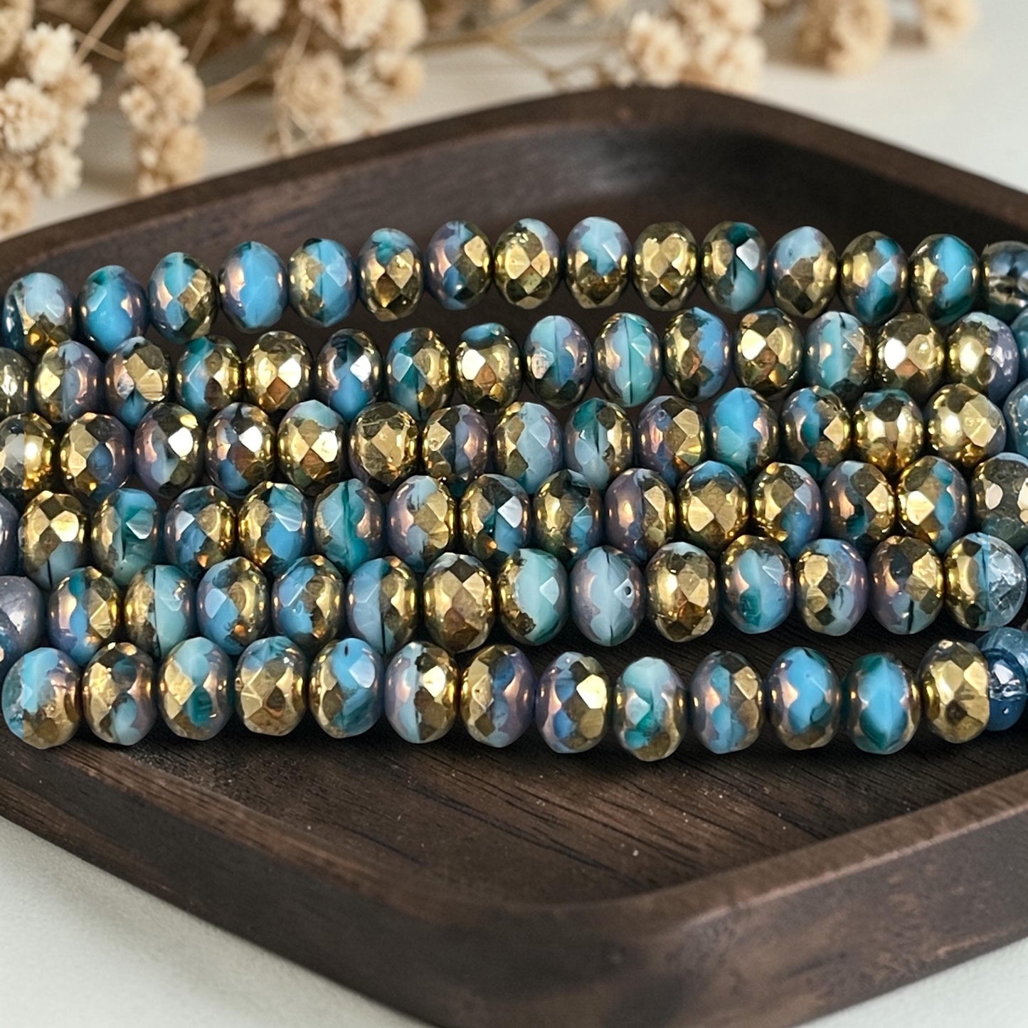Czech Glass Beads - 7x5mm Faceted Rondelles, Blue with Metallic Gold Picasso (R7/OB-70) * Qty. 25