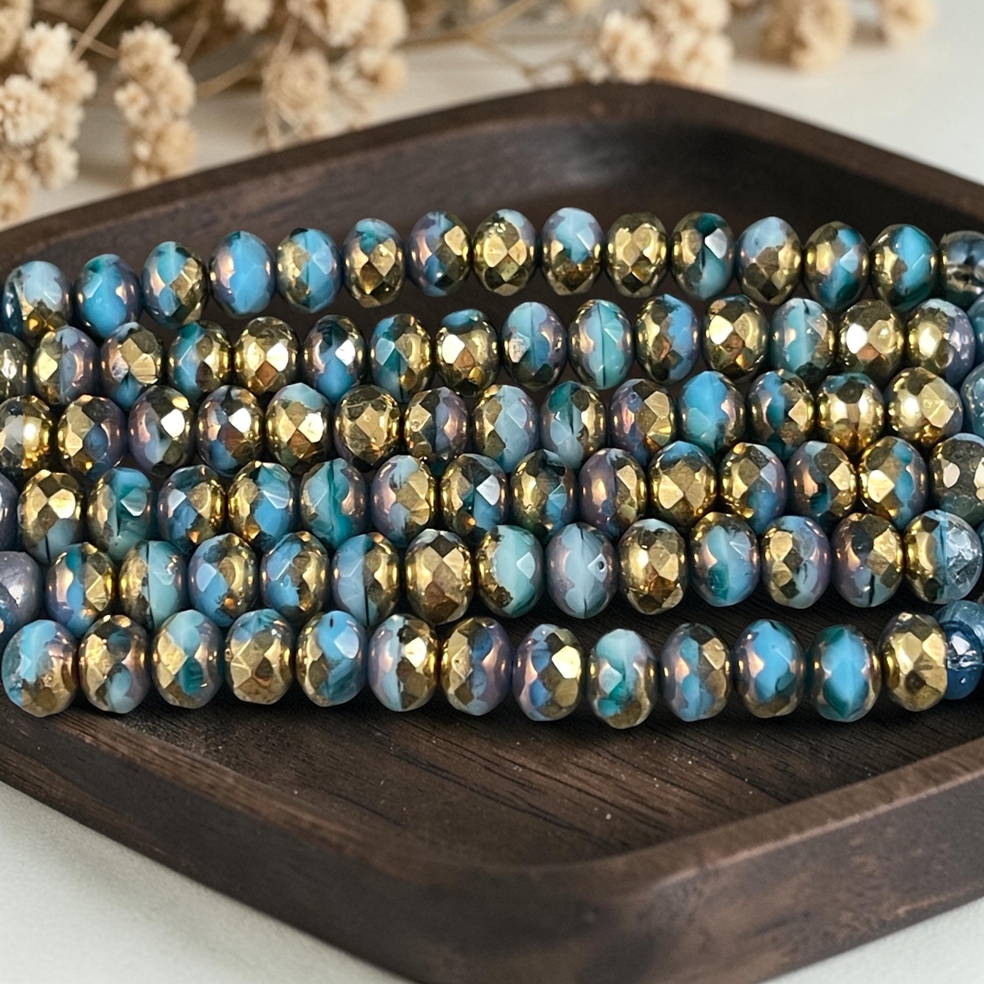 Czech Glass Beads - 7x5mm Faceted Rondelles, Blue with Metallic Gold Picasso (R7/OB-70) * Qty. 25