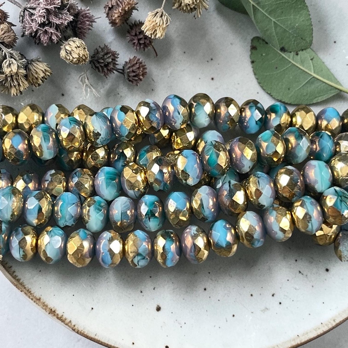 Czech Glass Beads - 7x5mm Faceted Rondelles, Blue with Metallic Gold Picasso (R7/OB-70) * Qty. 25