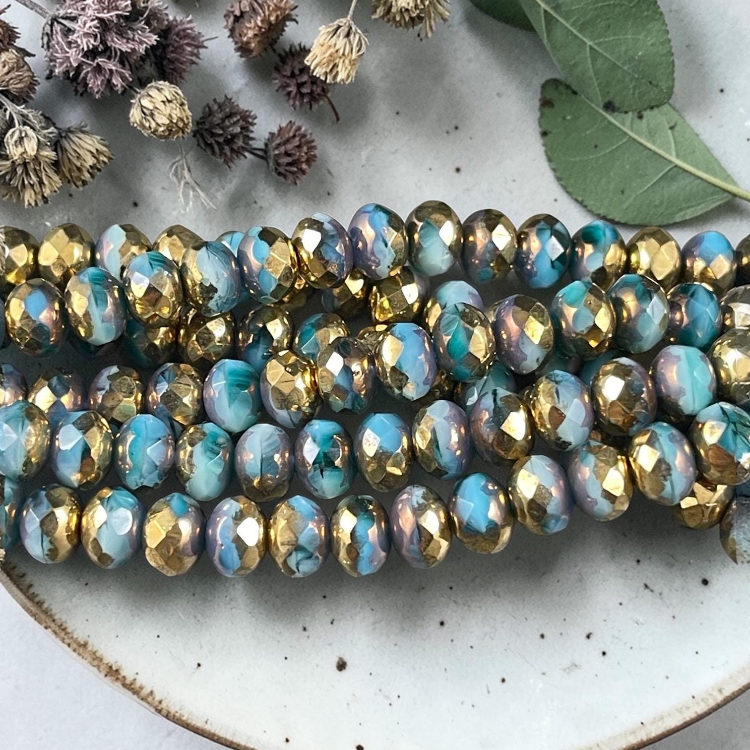 Czech Glass Beads - 7x5mm Faceted Rondelles, Blue with Metallic Gold Picasso (R7/OB-70) * Qty. 25
