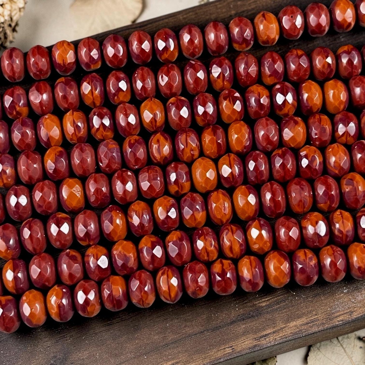 Czech Glass Beads - 7x5mm Faceted Rondelles, Brick Red and Burnt Orange (R7/OB-xRO) * Qty. 21