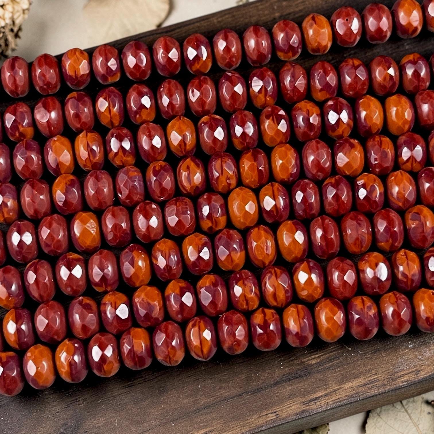 Czech Glass Beads - 7x5mm Faceted Rondelles, Brick Red and Burnt Orange (R7/OB-xRO) * Qty. 21