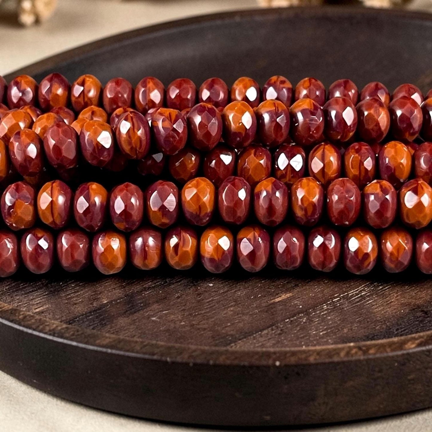 Czech Glass Beads - 7x5mm Faceted Rondelles, Brick Red and Burnt Orange (R7/OB-xRO) * Qty. 21