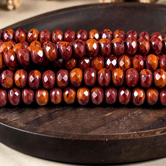 Czech Glass Beads - 7x5mm Faceted Rondelles, Brick Red and Burnt Orange (R7/OB-xRO) * Qty. 21