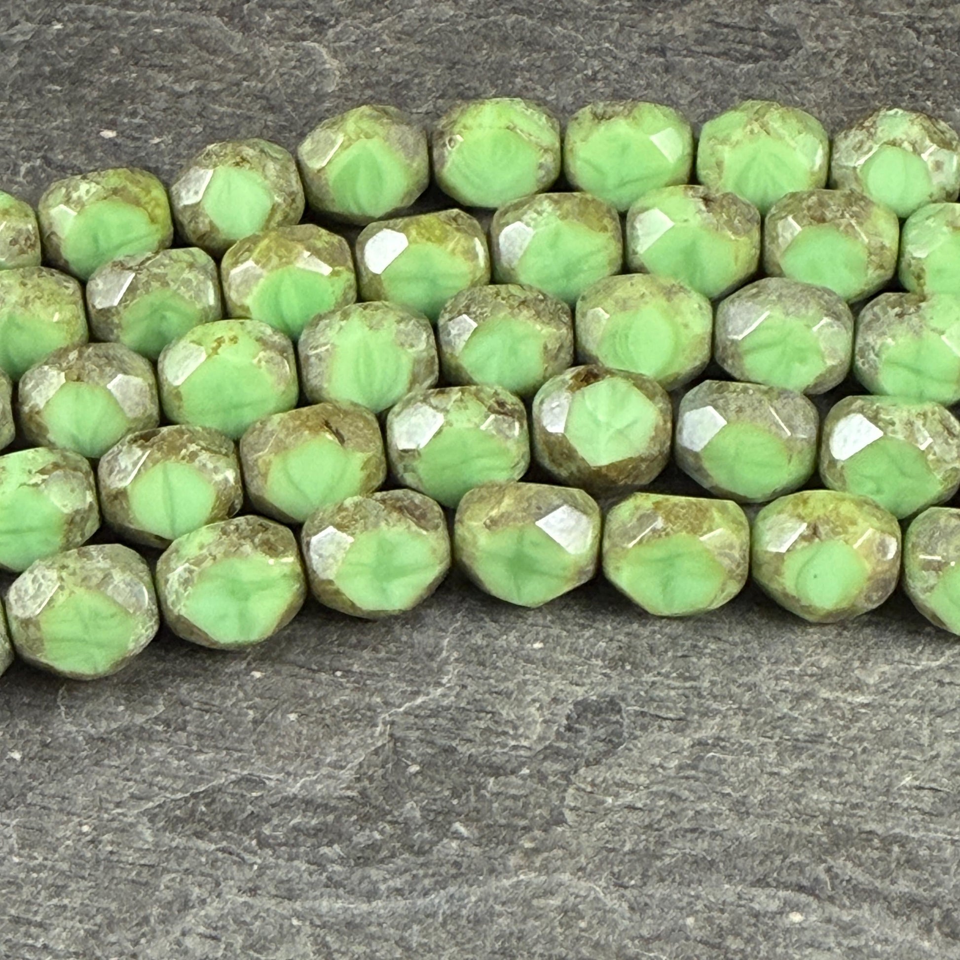 Czech Glass Beads - 8mm Faceted Round, Lime Green Picasso (TCFR-Lime) * 16 Beads