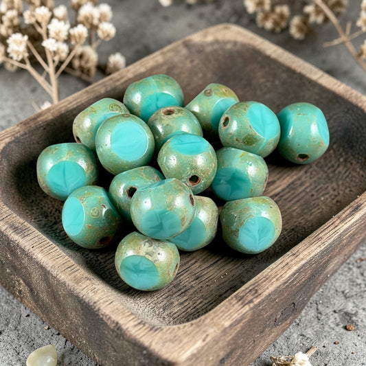 Czech Glass Beads - 8mm Tri-Cut Round, Turquoise Picasso (TCR-Turq) * 16 Beads