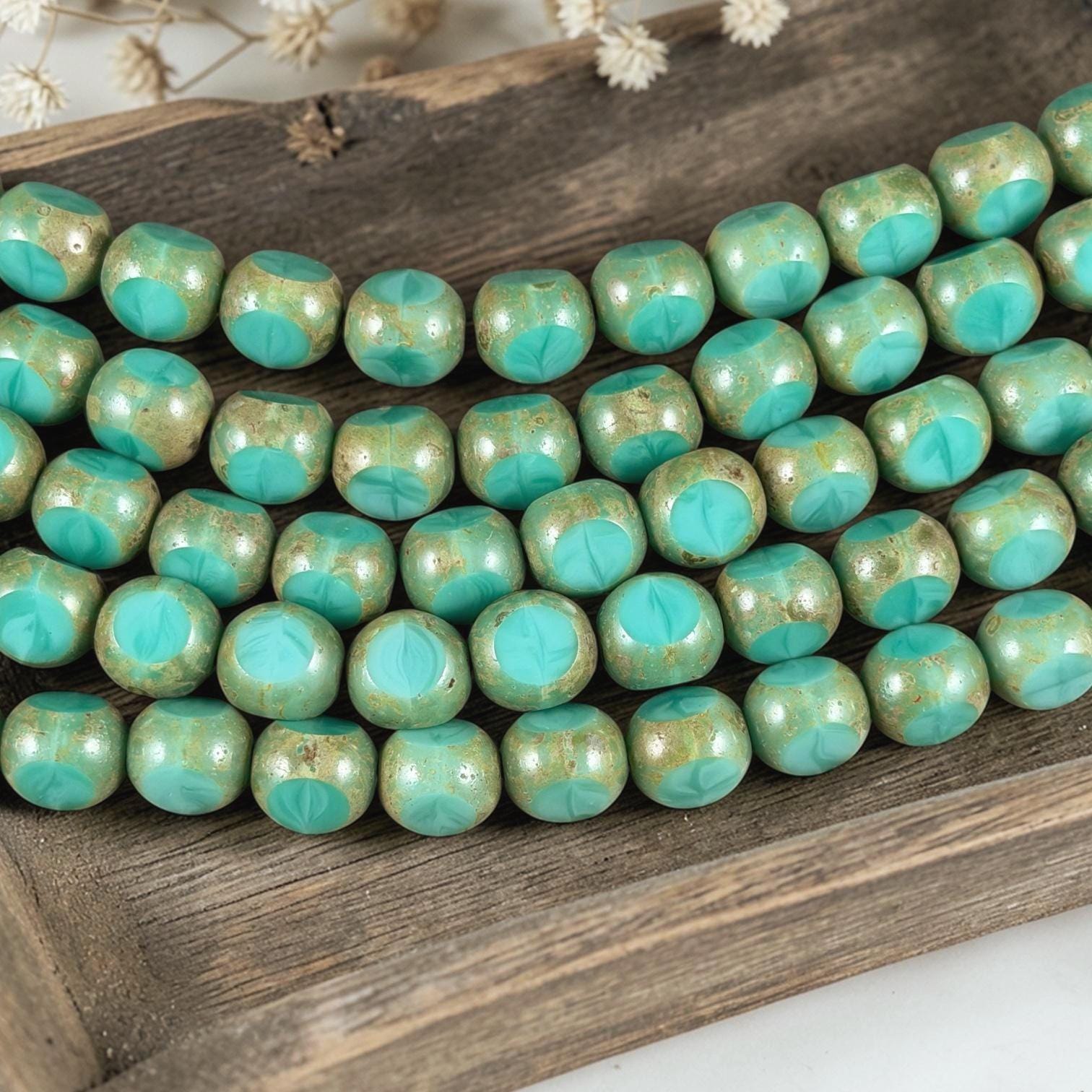 Czech Glass Beads - 8mm Tri-Cut Round, Turquoise Picasso (TCR-Turq) * 16 Beads