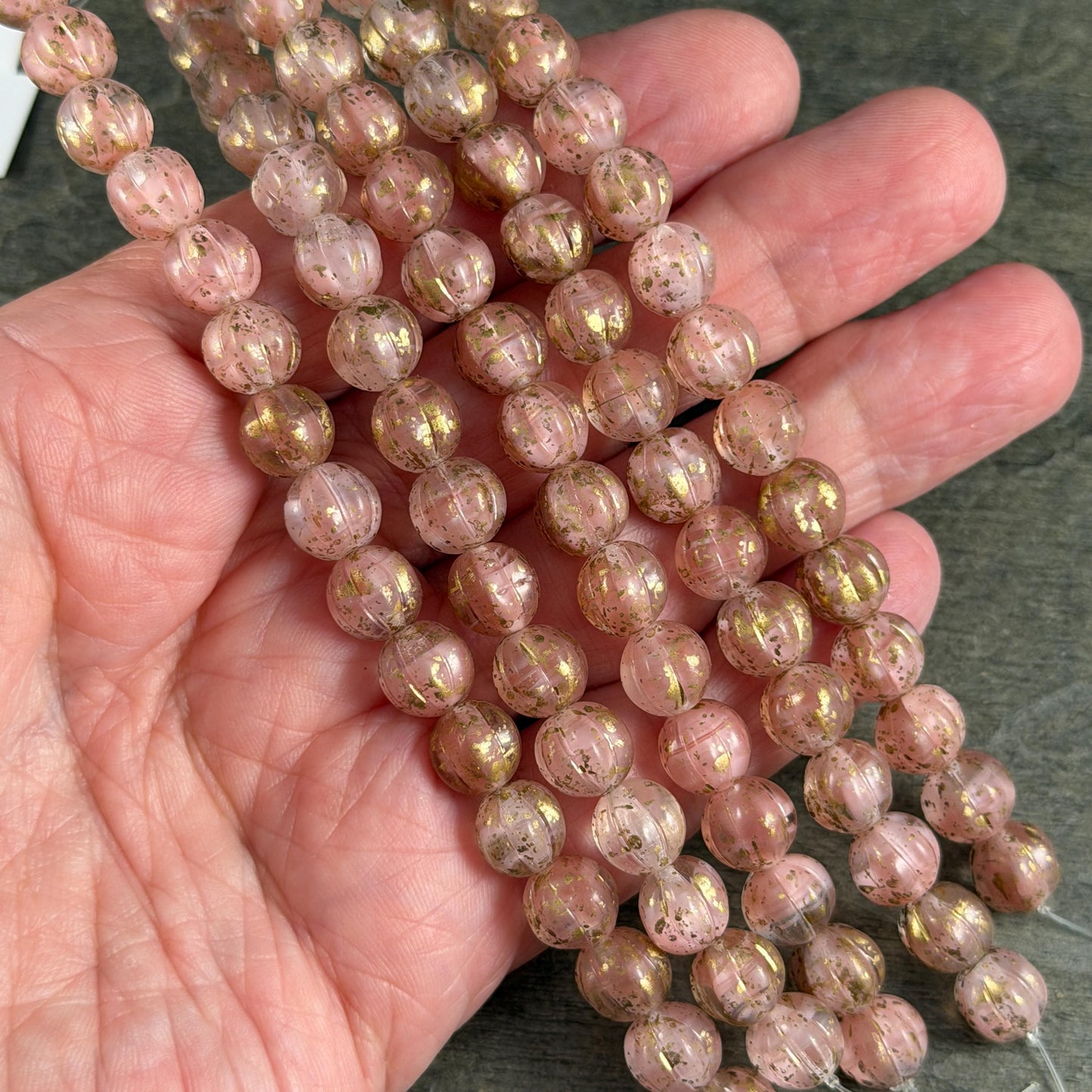 Czech Glass Beads - 8mm Round Melon, Pastel Pink and Crystal Clear with Gold Wash (ML8/44) * Qty. 16