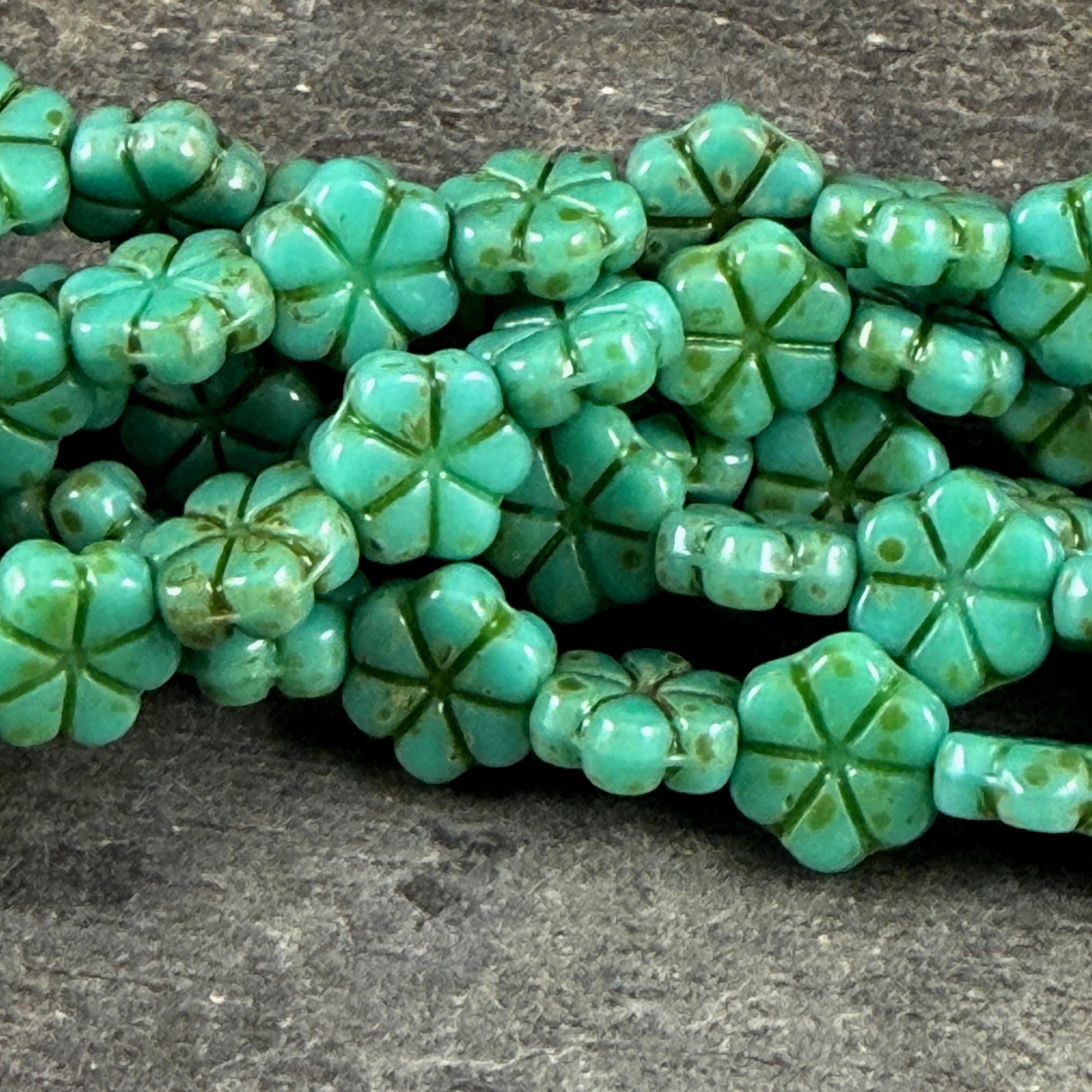 Czech Glass Beads - 10mm Flower Coin, Turquoise Green Picasso (PFMN-4) * 15 Beads