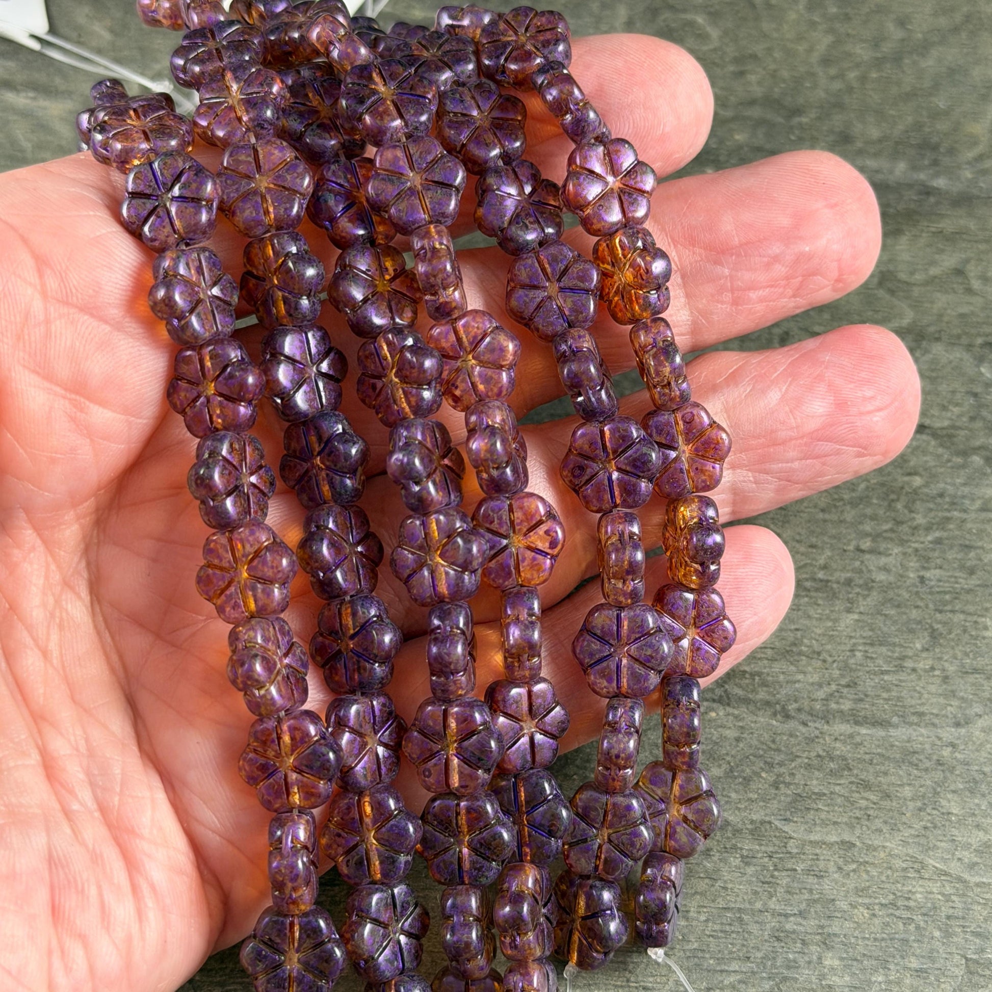 Czech Glass Beads - 10mm Flower Coin, Topaz Picasso with Purple Wash (PFMN-8) * 15 Beads